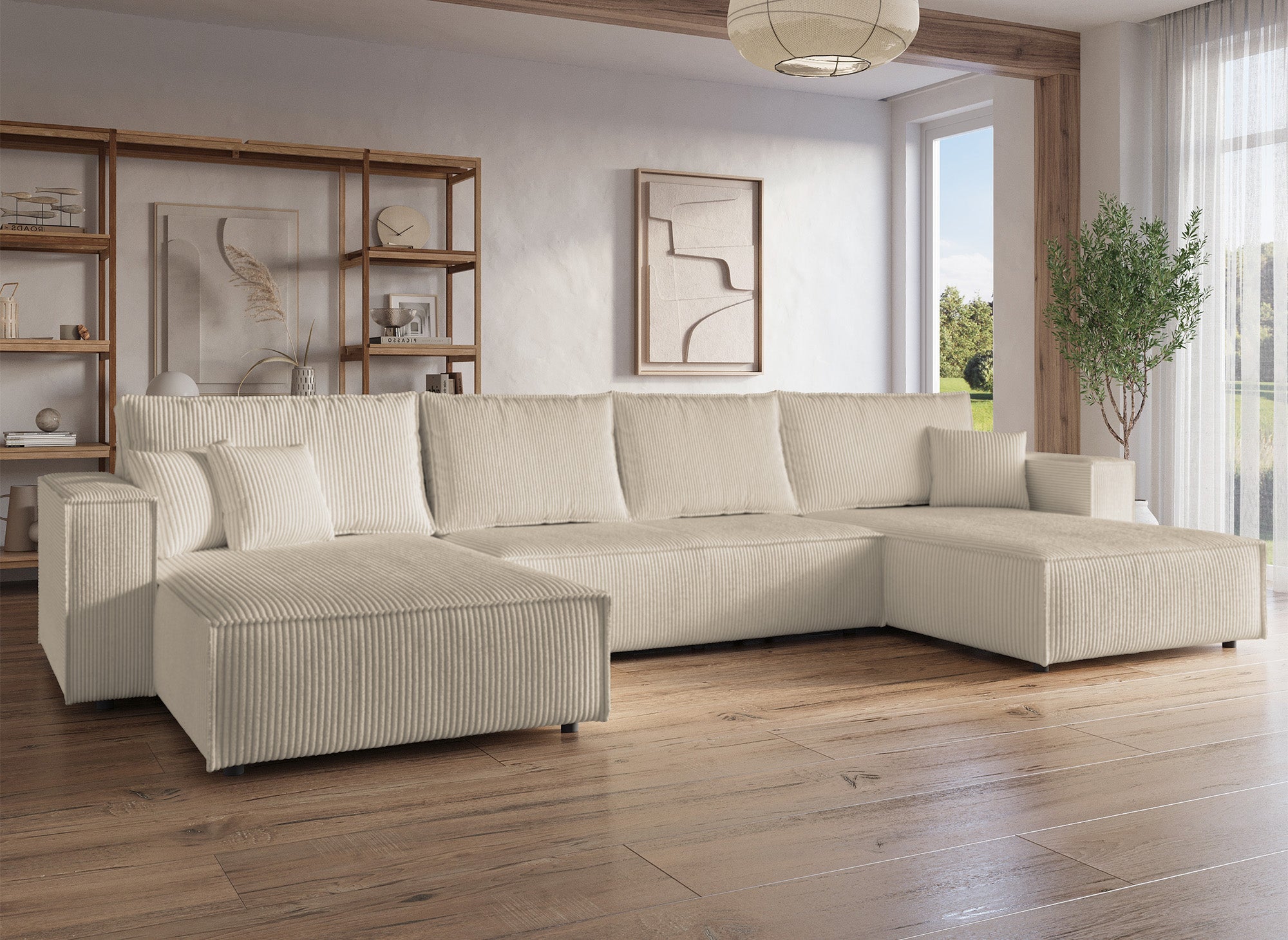 JADE Beige Cord Cabrio Panorama Sofa mit Stauraum