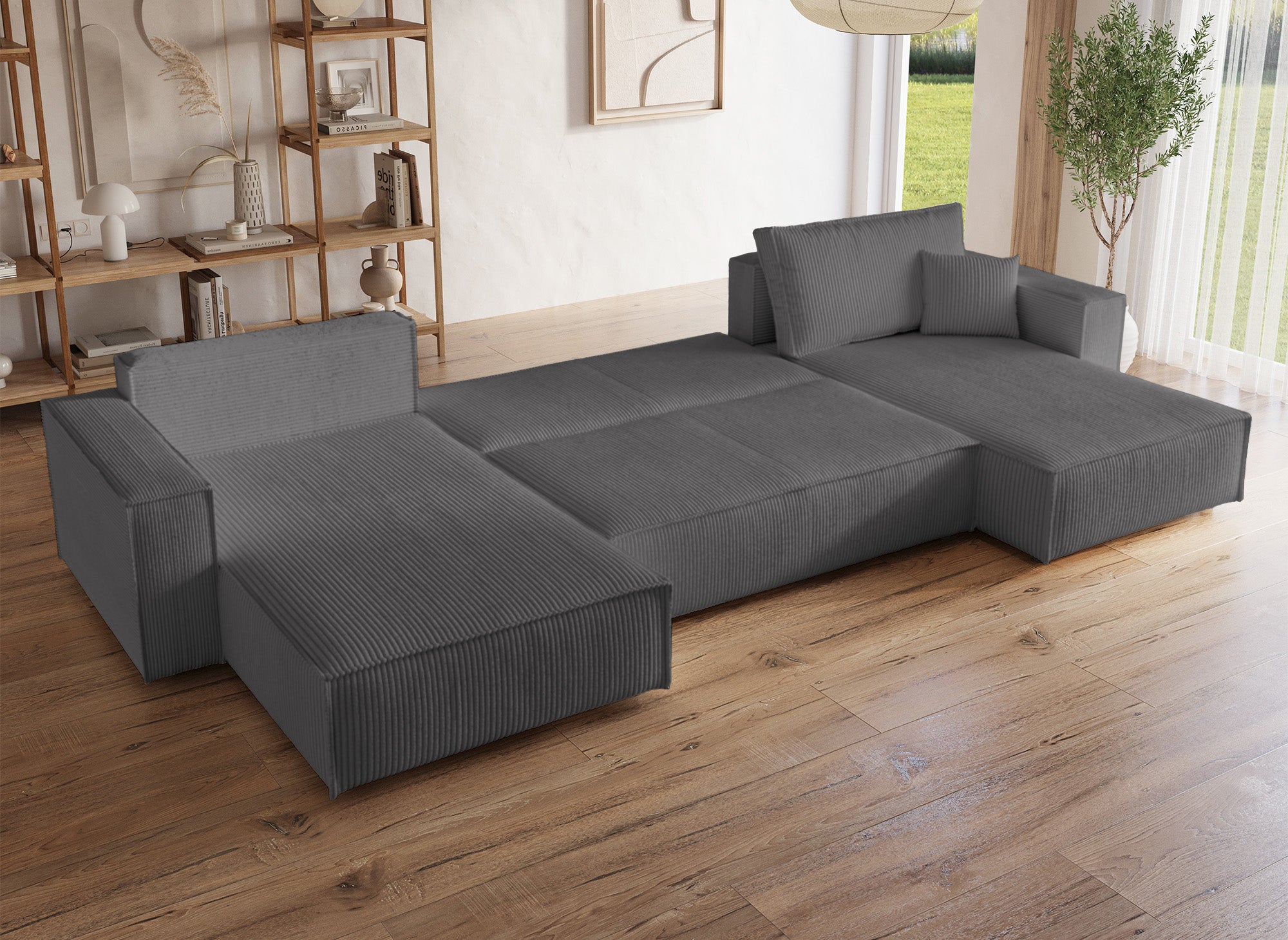 Panorama-Schlafsofa JADE mit Stauraum aus anthrazitgrauem Cord