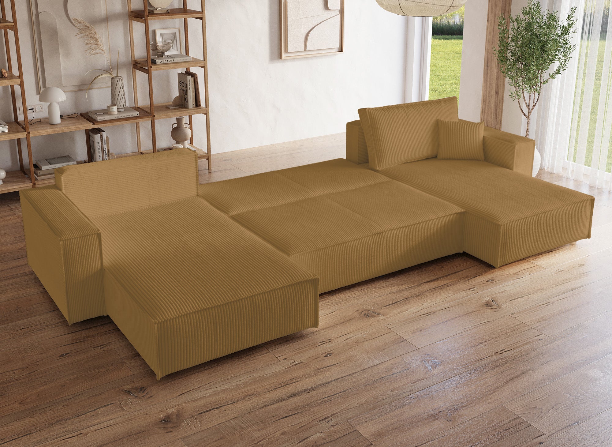 Panorama-Schlafsofa JADE aus geripptem Samt in Senfgelb mit Stauraum