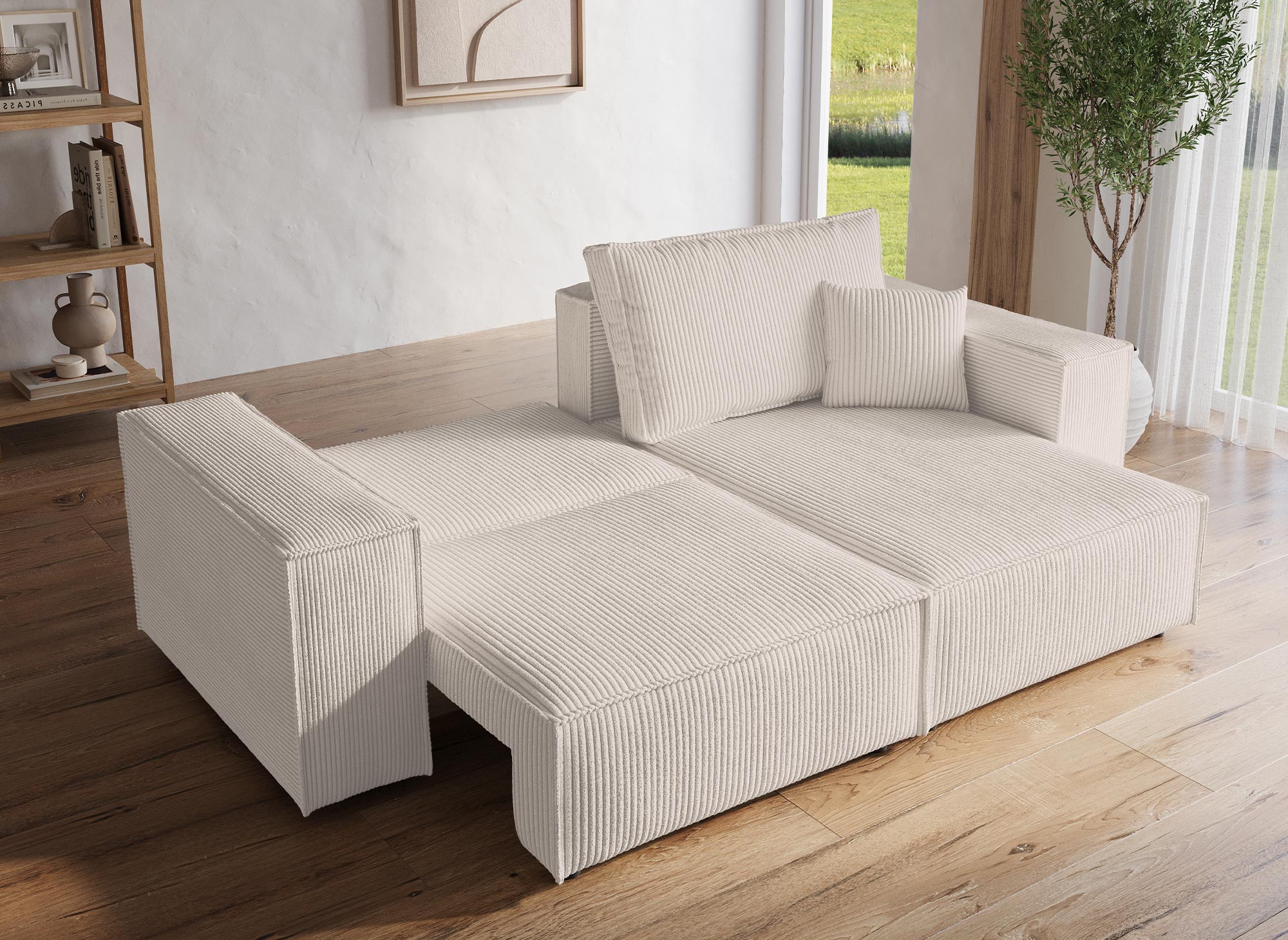 JADE MINI Ecksofa aus beigefarbenem Cord mit Stauraum