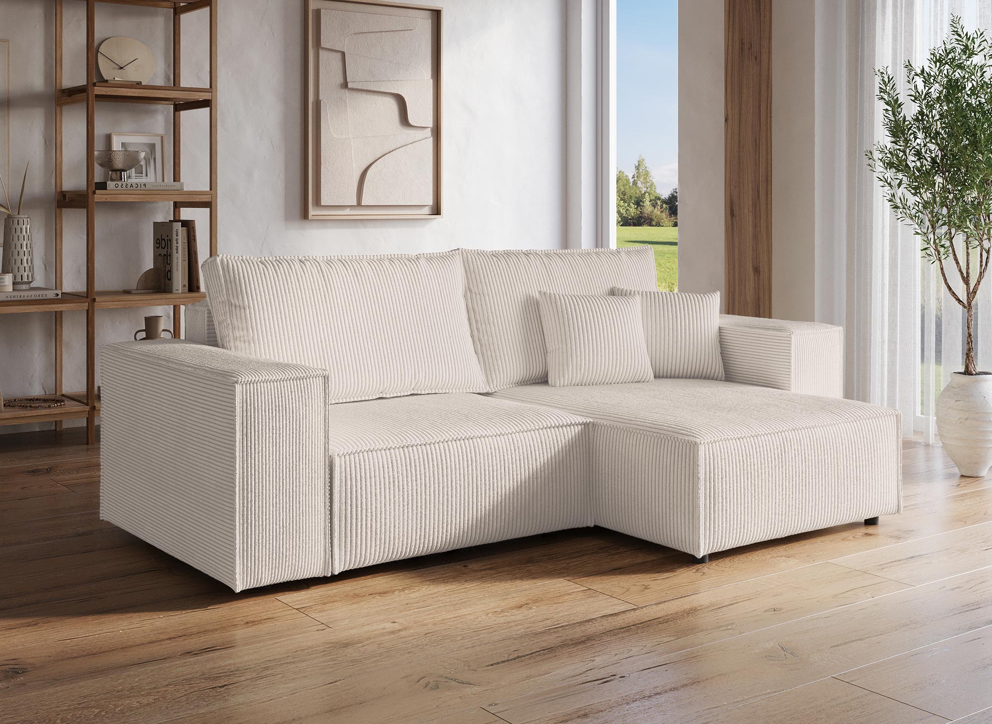 JADE MINI Ecksofa aus beigefarbenem Cord mit Stauraum