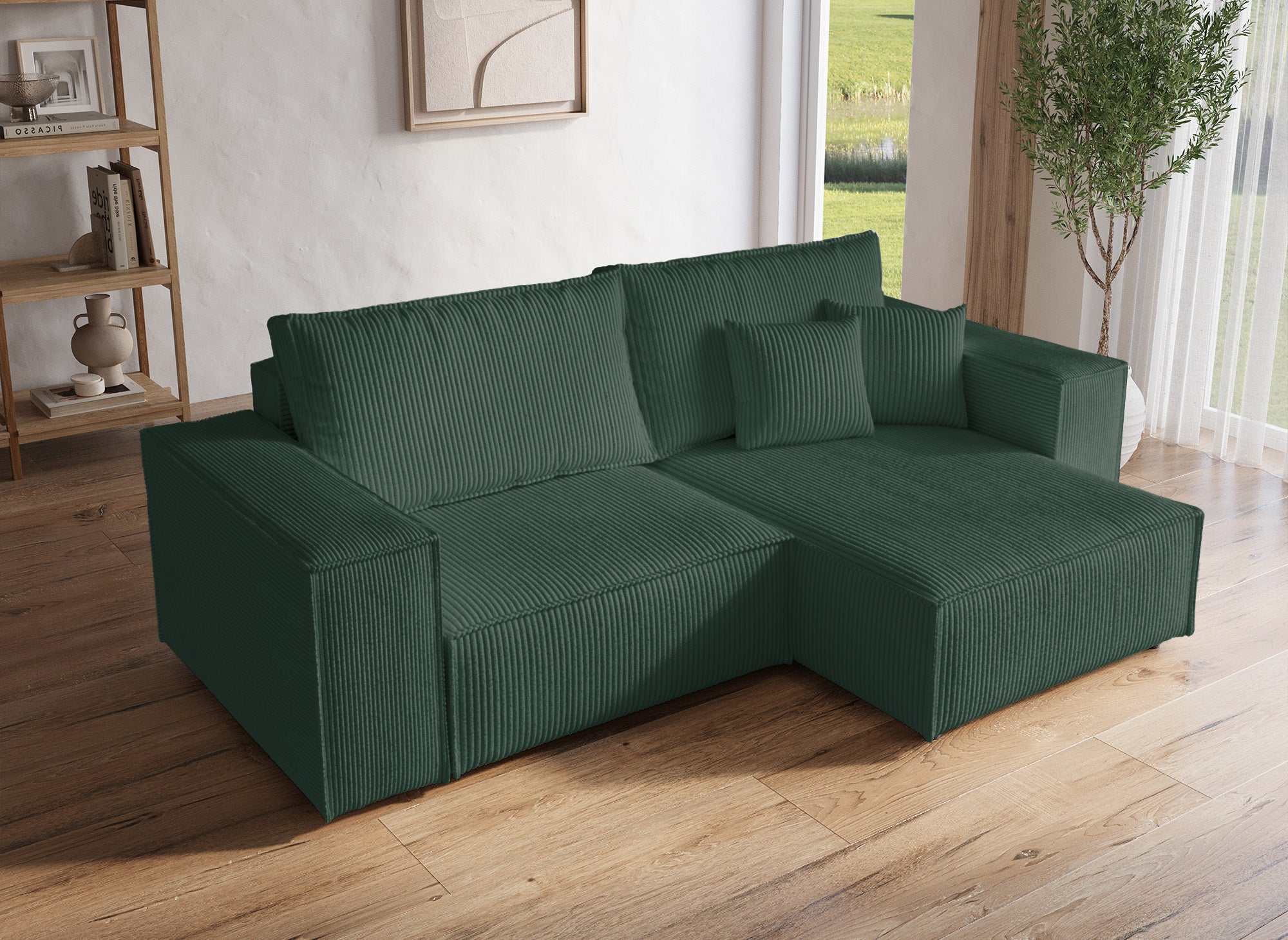 JADE MINI Ecksofa aus grünem Cord mit Stauraum, umwandelbar und wendbar