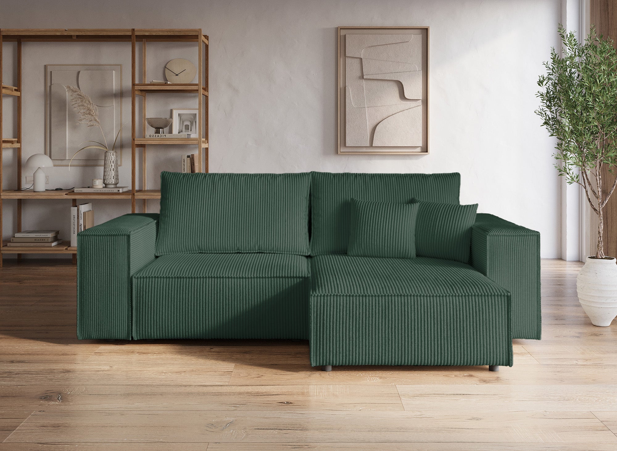 JADE MINI Ecksofa aus grünem Cord mit Stauraum, umwandelbar und wendbar