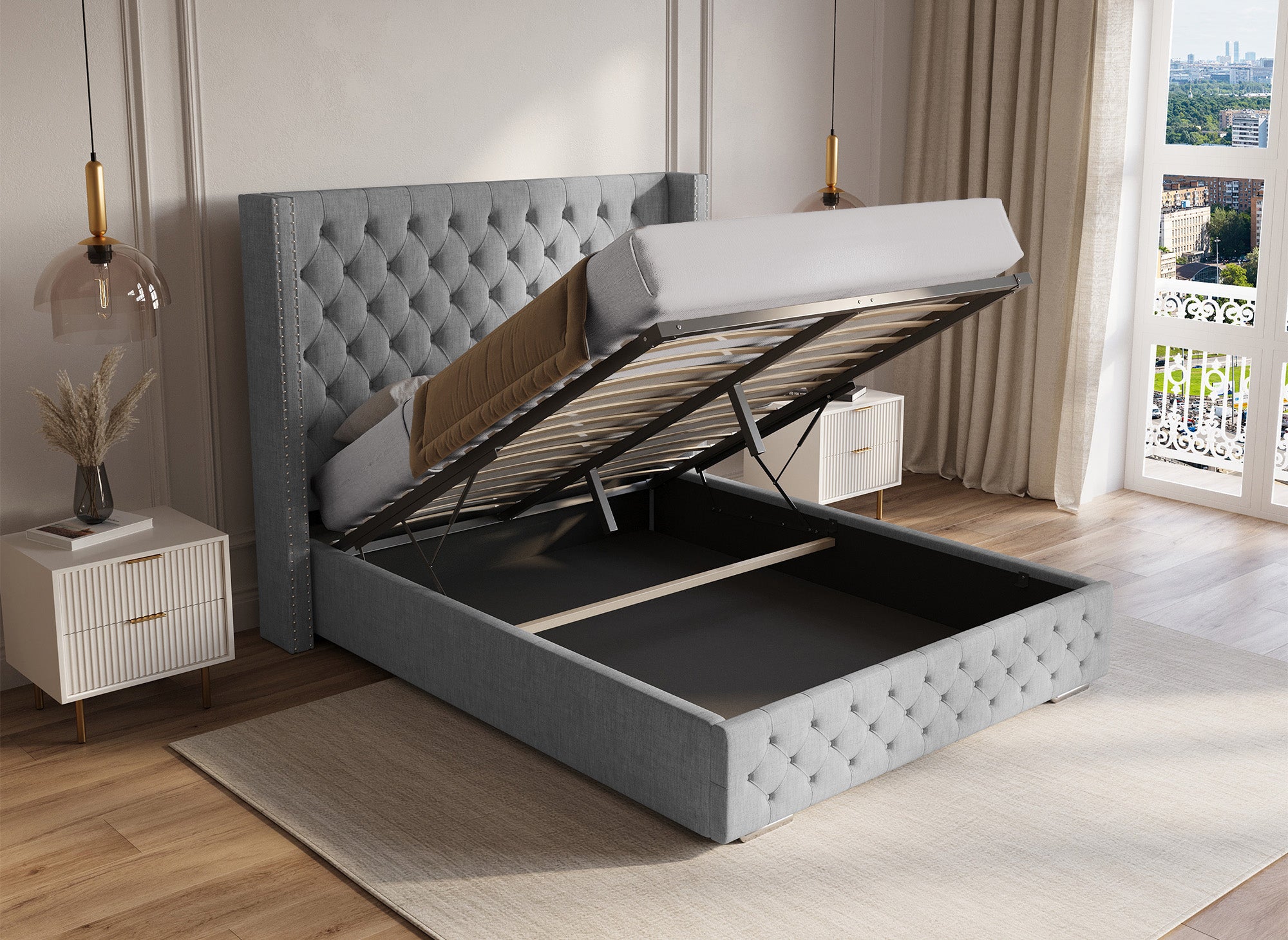 Graues Bett mit Stauraum aus Leinenstoff 140 x 190 cm MAXI