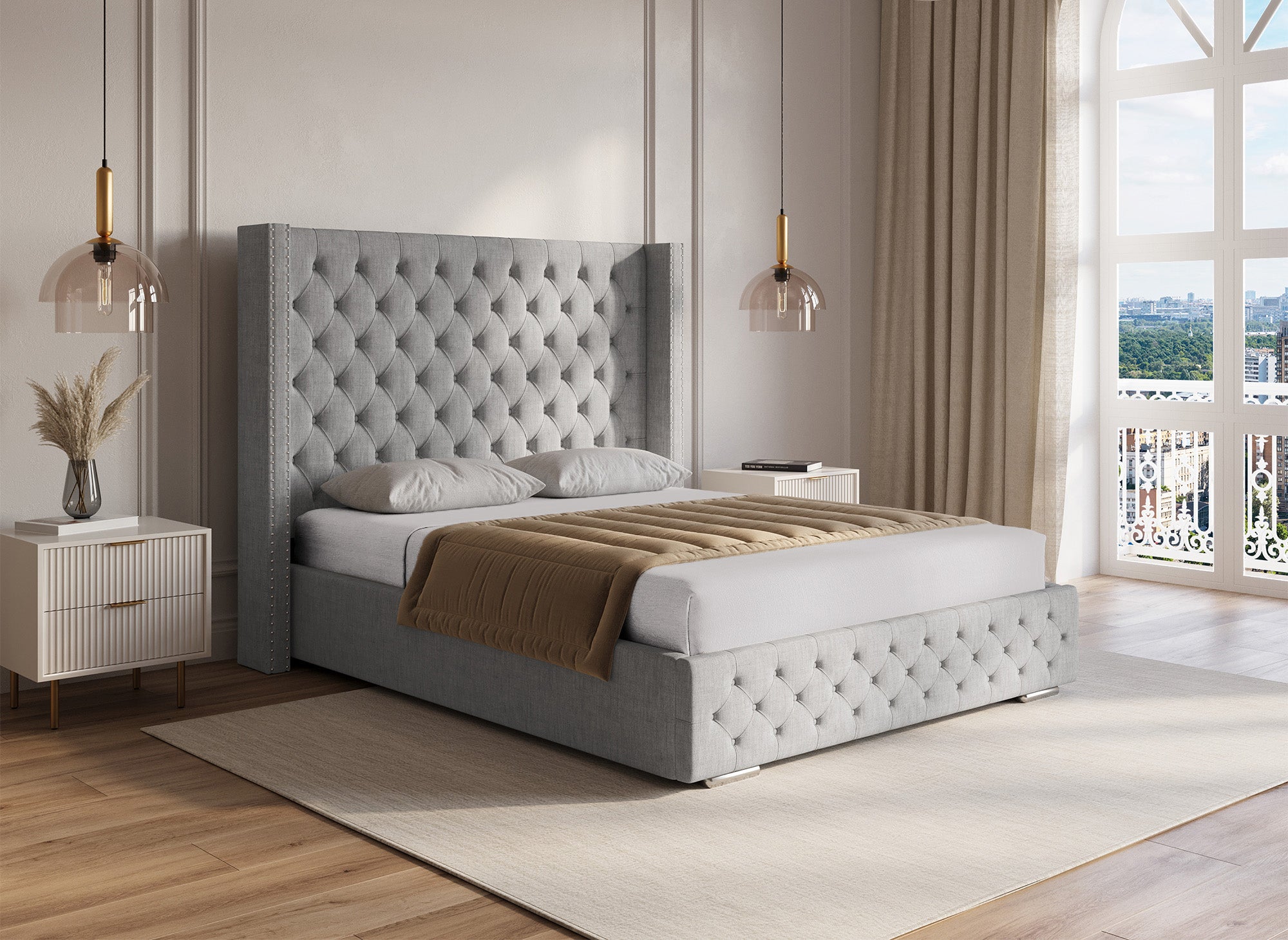 Graues Bett mit Stauraum aus Leinenstoff 140 x 190 cm MAXI