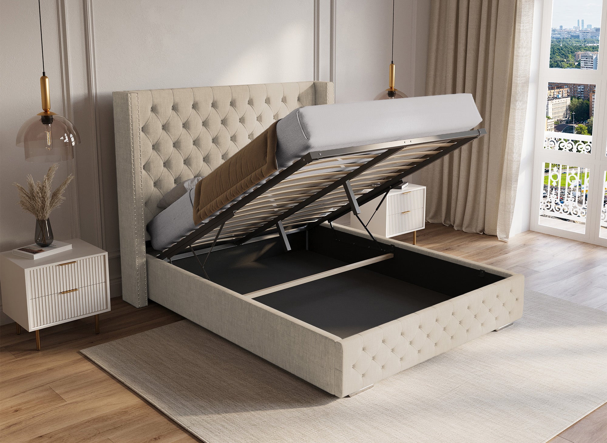 Beiges Bett mit Stauraum aus Leinenstoff 140x190 cm MAXI