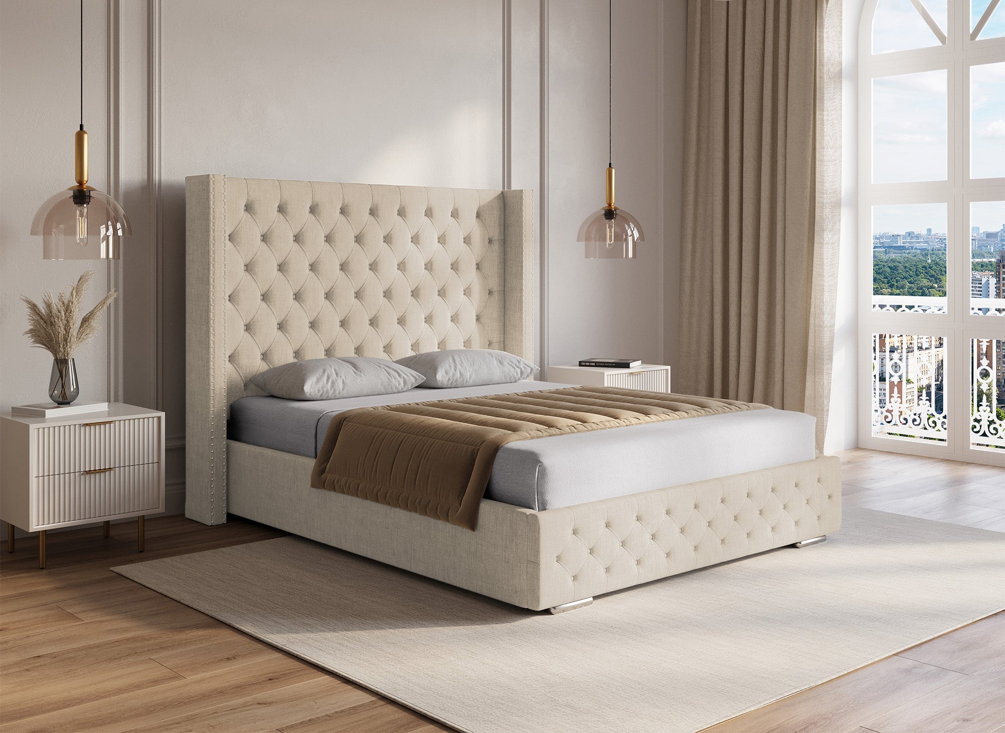 Beiges Bett mit Stauraum aus Leinenstoff 140x190 cm MAXI