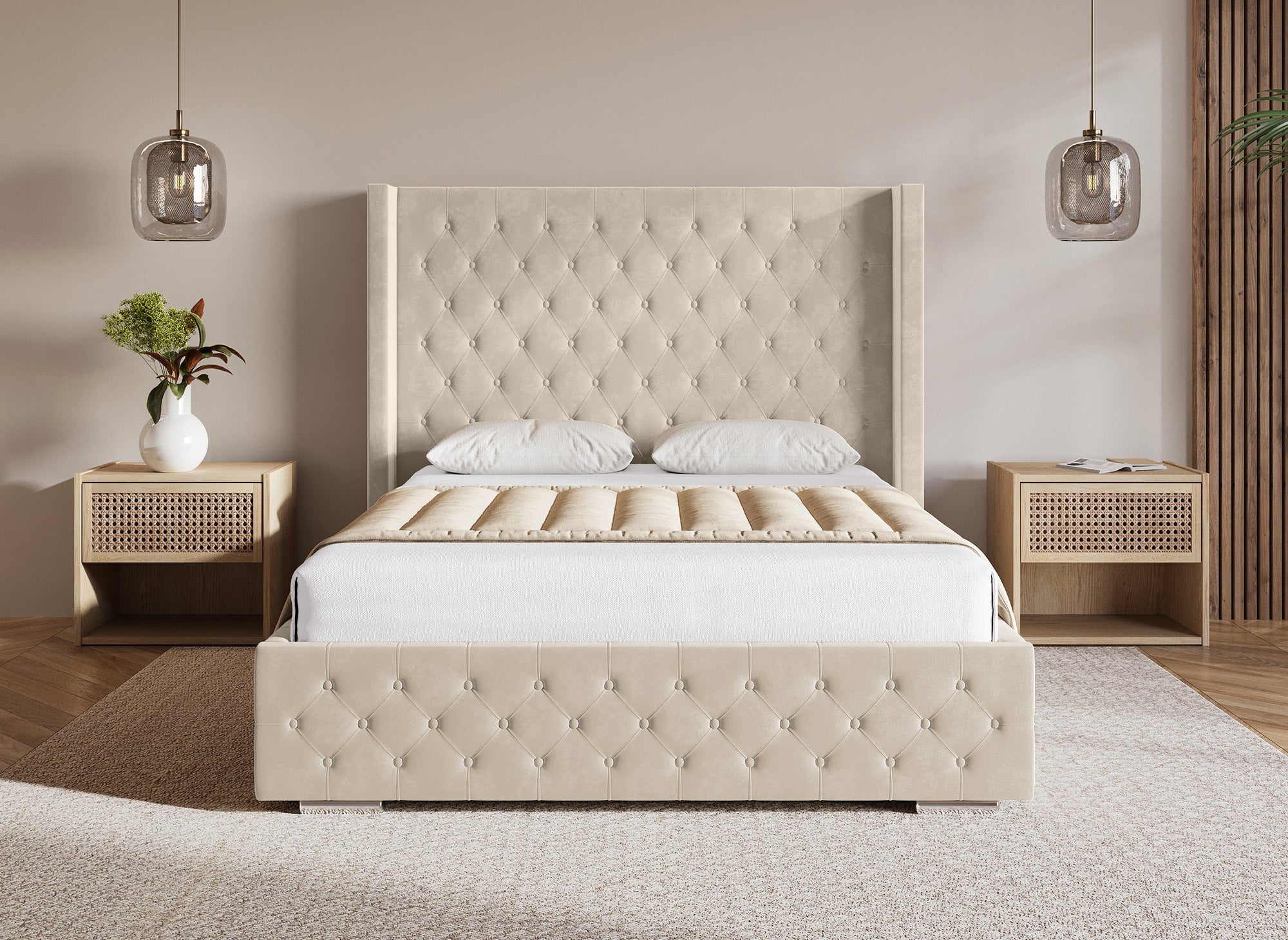 PERLA beiges Samtbett mit Stauraum 160X200 cm