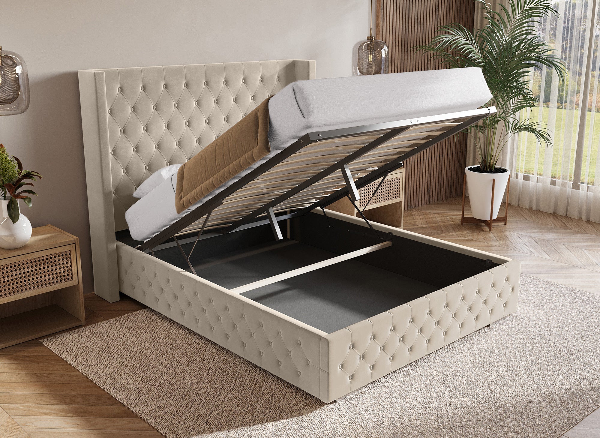 PERLA beiges Samtbett mit Stauraum 160X200 cm