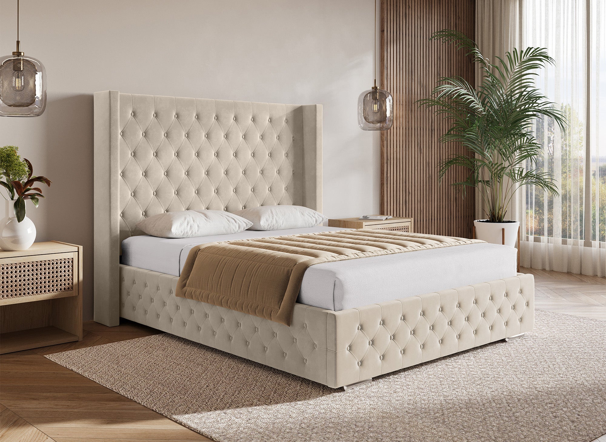 PERLA beiges Samtbett mit Stauraum 160X200 cm