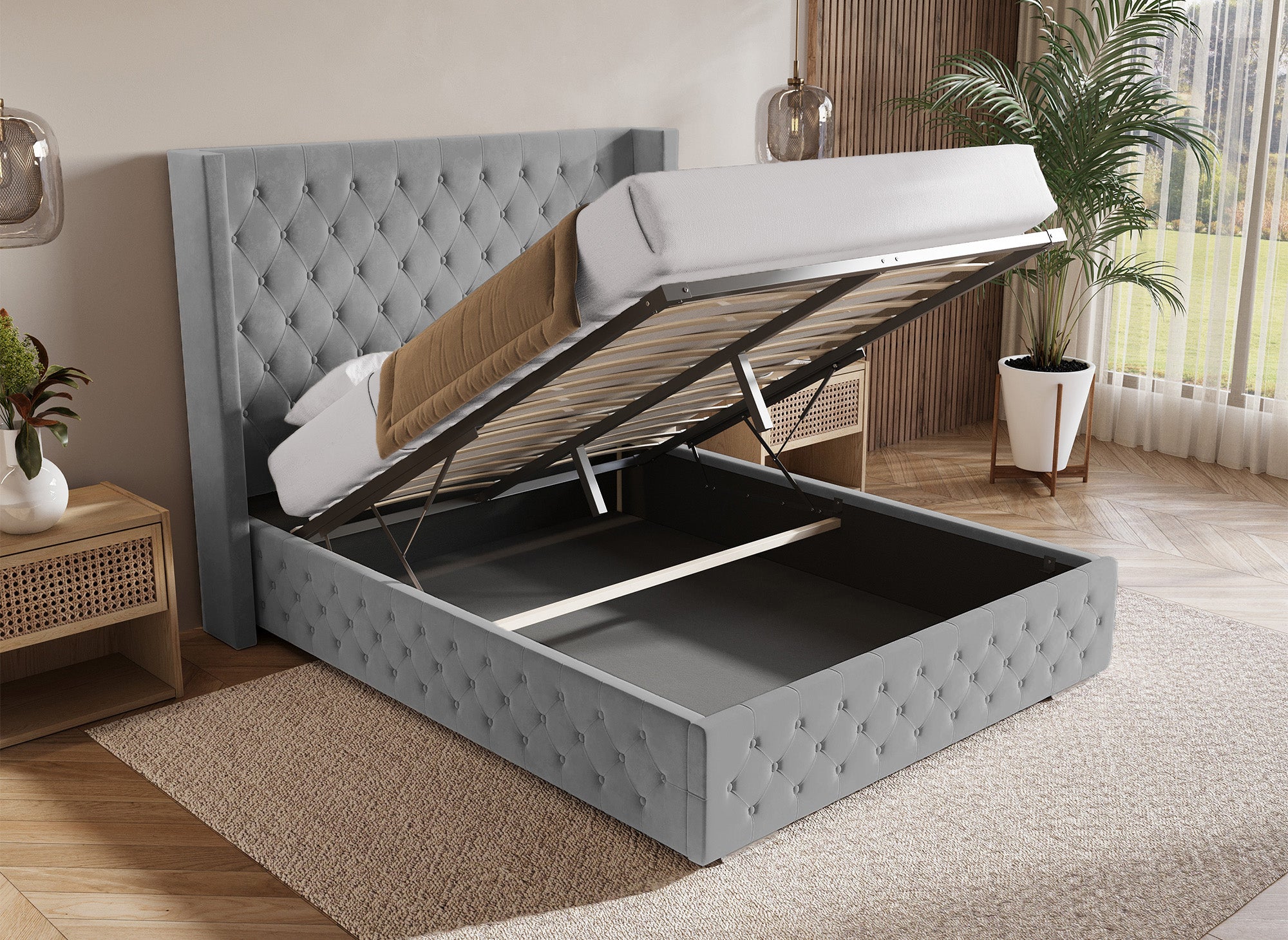 PERLA Bett mit Stauraum aus grauem Samt 160 x 200 cm