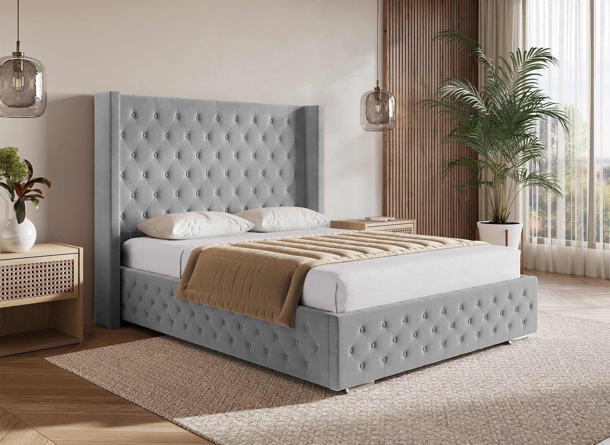 PERLA Bett mit Stauraum aus grauem Samt 160 x 200 cm