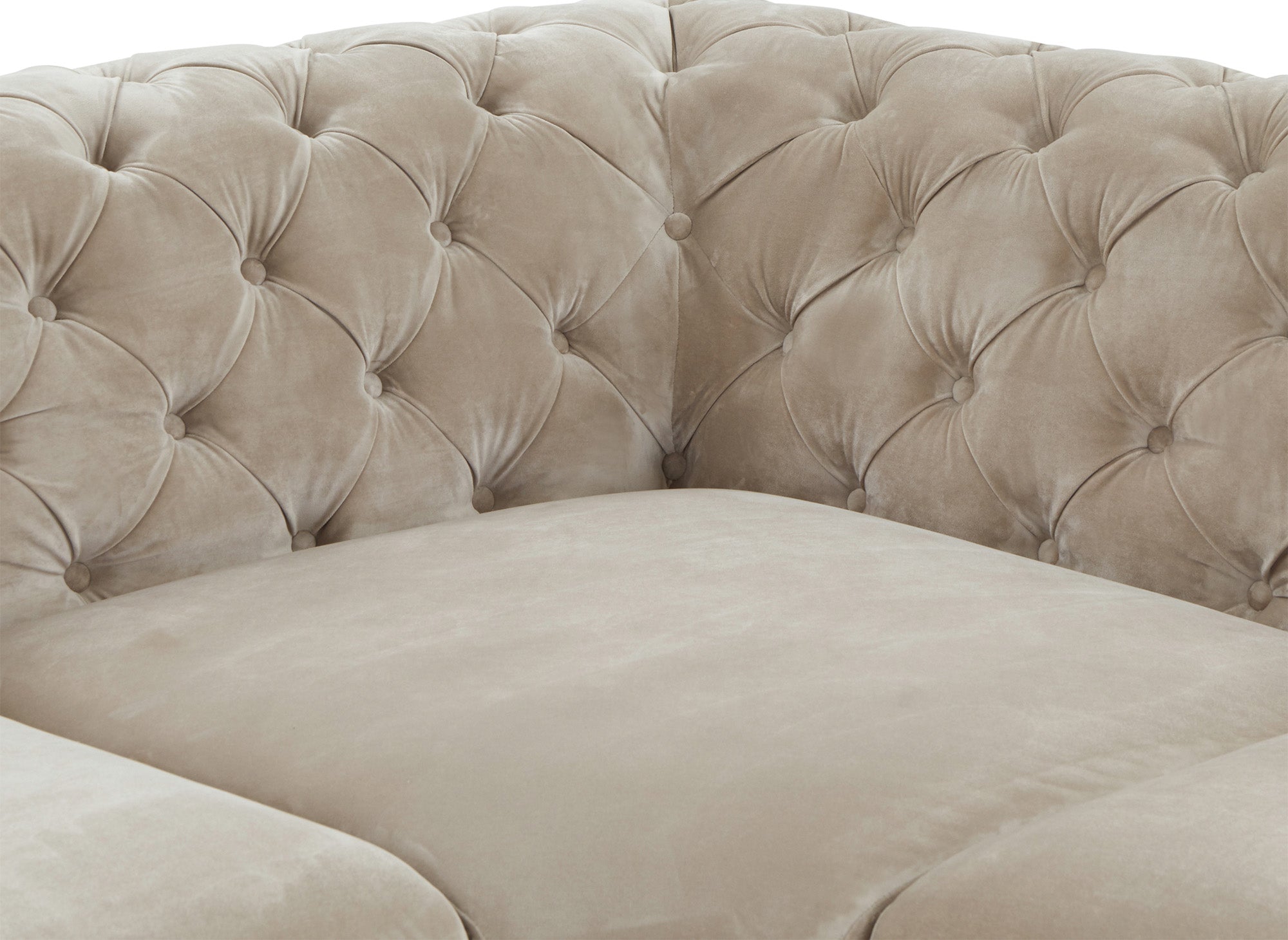 CARMEN Wende-Chesterfield-Ecksofa aus beigefarbenem Samt mit Polsterung