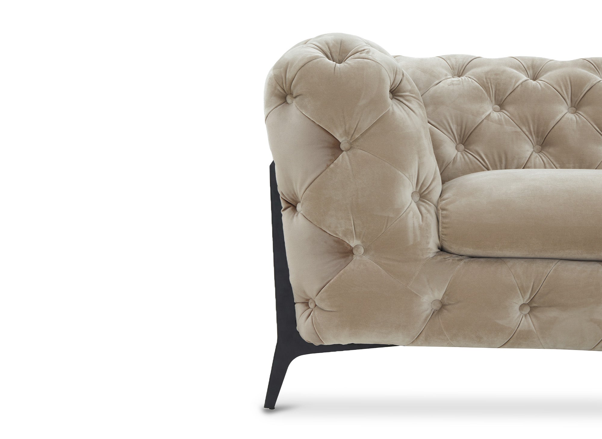 CARMEN beigefarbenes Chesterfield-Ecksofa aus Samt mit Polsterknöpfen