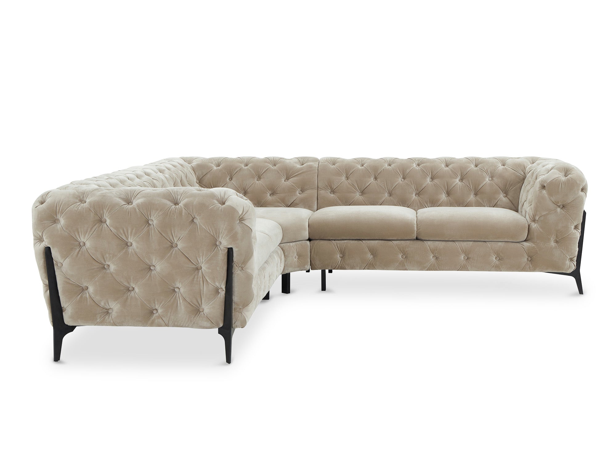 CARMEN beigefarbenes Chesterfield-Ecksofa aus Samt mit Polsterknöpfen