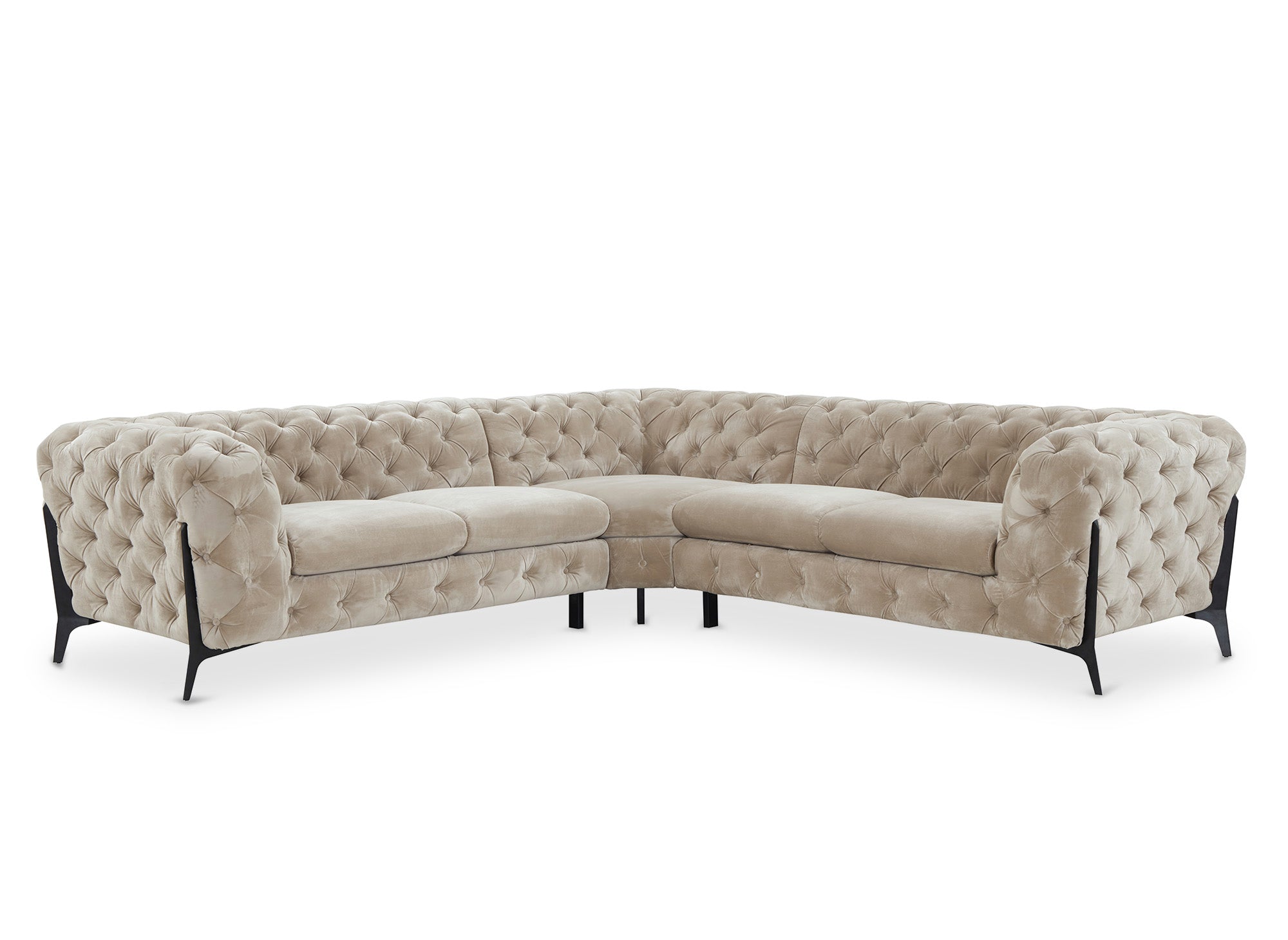 CARMEN beigefarbenes Chesterfield-Ecksofa aus Samt mit Polsterknöpfen