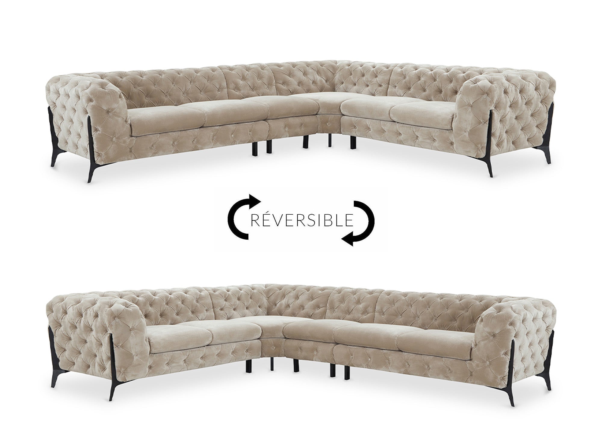 CARMEN Wende-Chesterfield-Ecksofa aus beigefarbenem Samt mit Polsterung