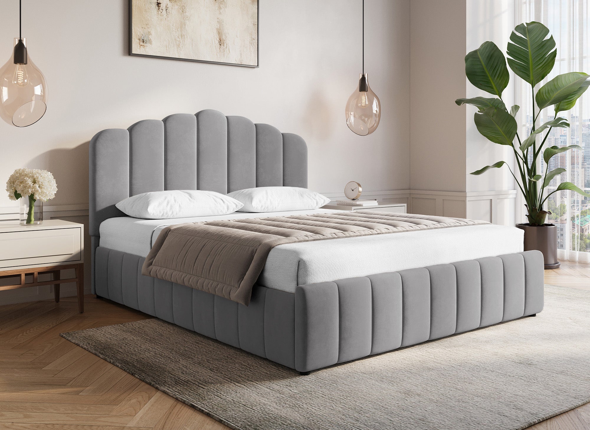 ELVIRA Bett mit Stauraum, grau, Samt, 160 x 200 cm