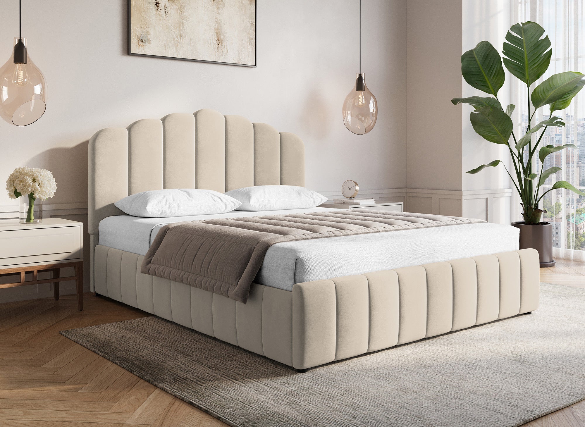 ELVIRA Bett mit Stauraum aus beigefarbenem Samt 160x200 cm