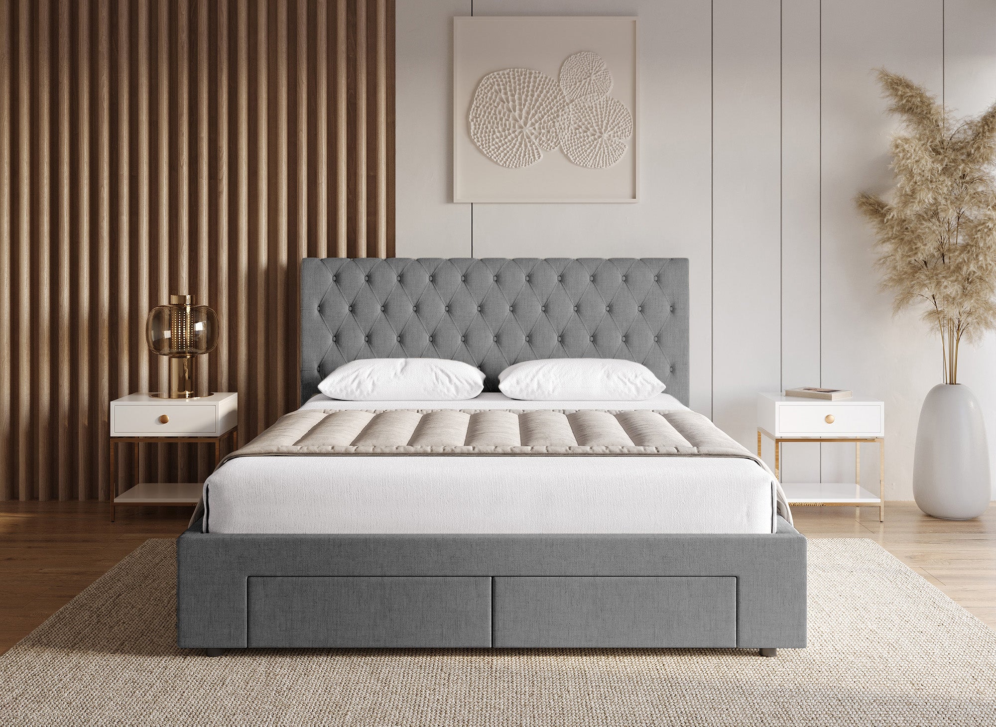 Doppelbett mit 4 Schubladen aus grauem Leinen 140x190 cm LEANDRE