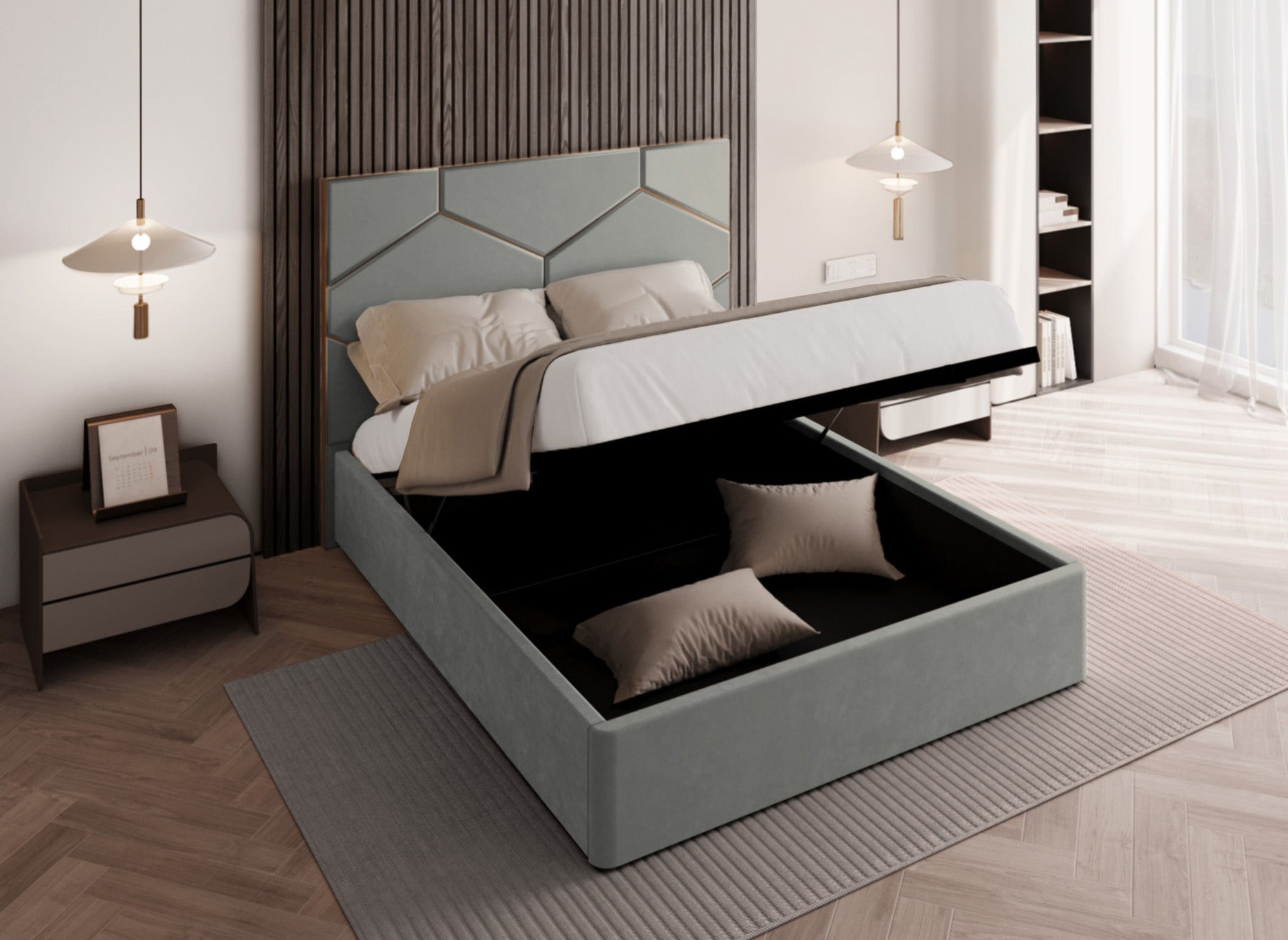 LARA graues Samtbett mit Stauraum und Designer-Kopfteil 180 x 200 cm