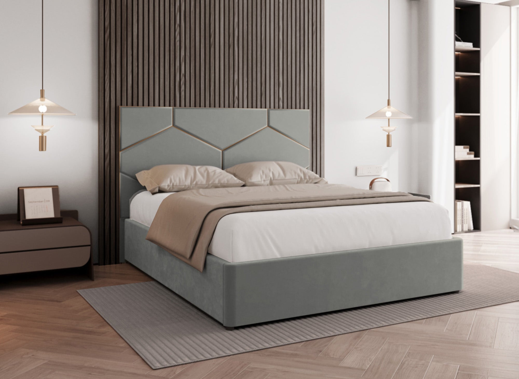 LARA graues Samtbett mit Stauraum und Designer-Kopfteil 180 x 200 cm