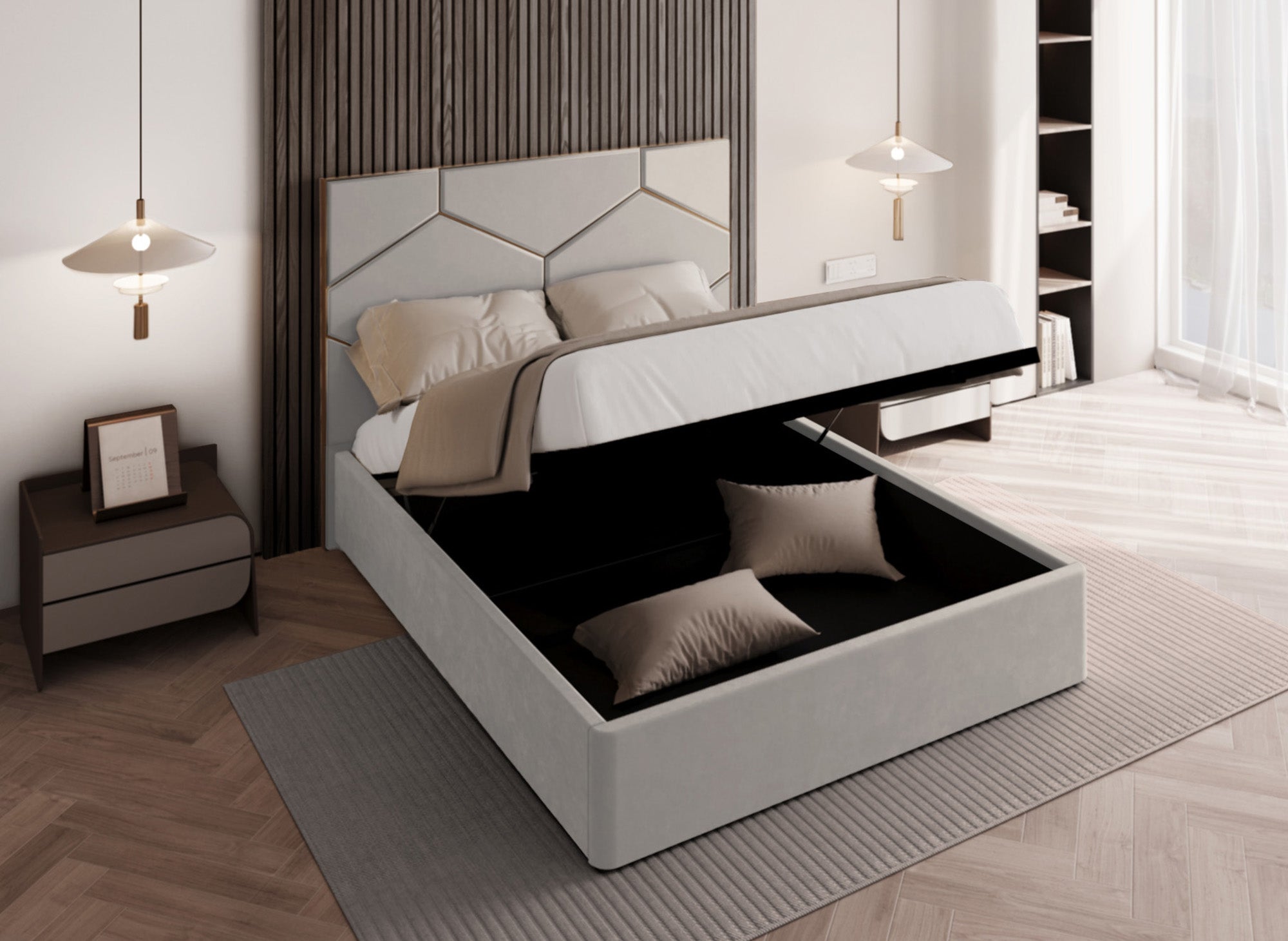 LARA Stauraumbett mit Designer-Kopfteil in Taupe Samt 180 x 200 cm