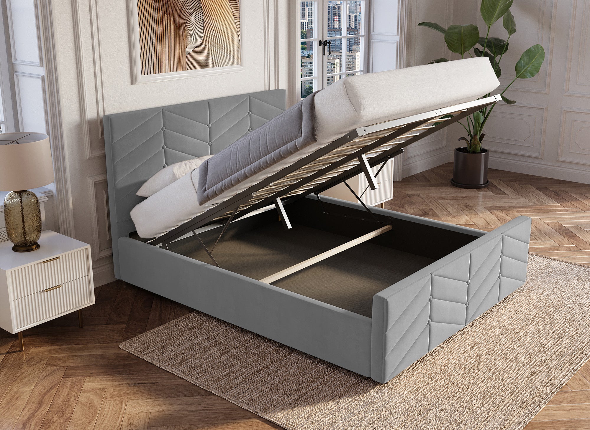 Bett mit verstellbarem Lattenrost und Stauraum aus grauem Samt 180x200 cm PALMA