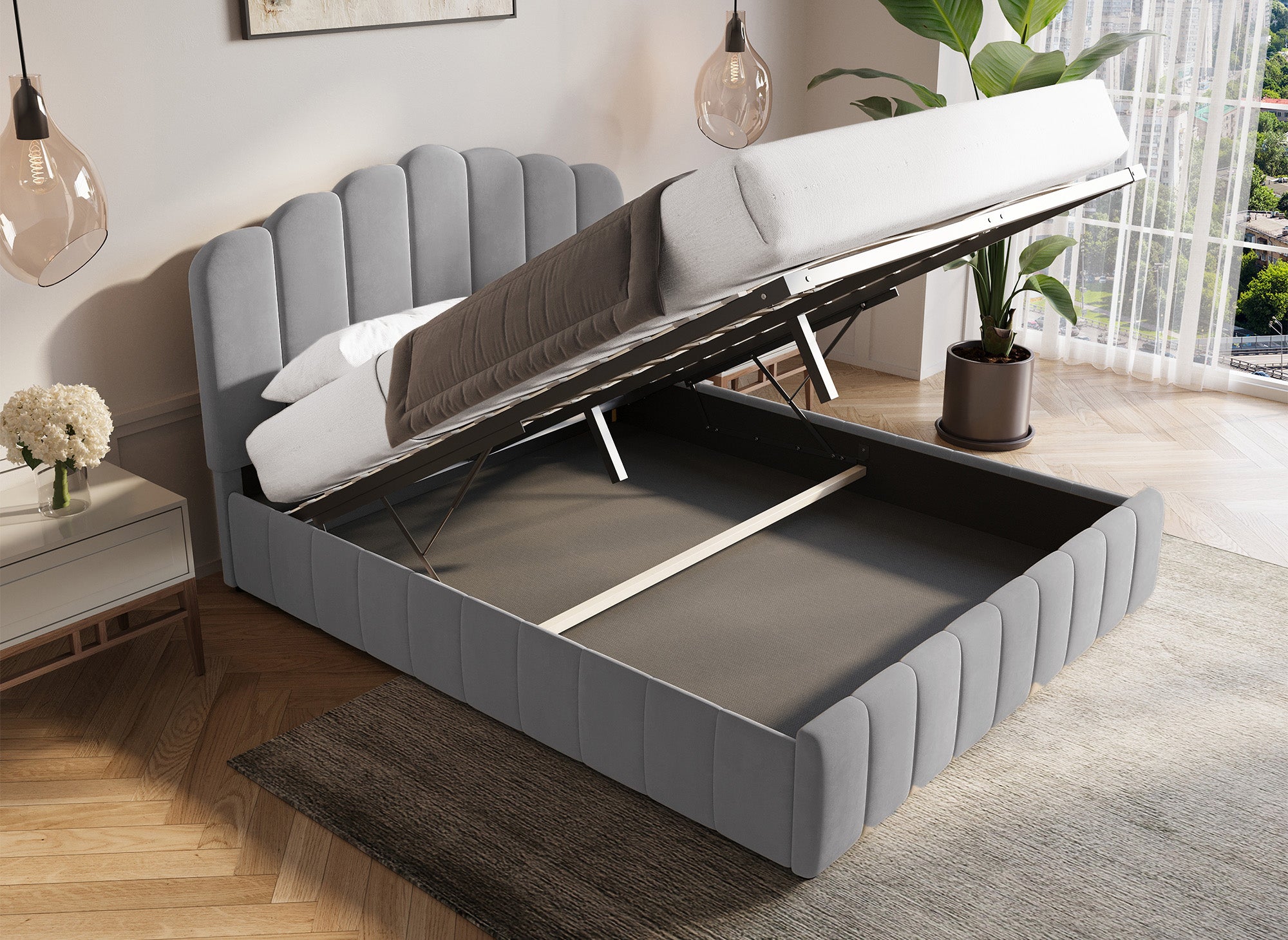 ELVIRA Bett mit Stauraum, grau, Samt, 140 x 190 cm