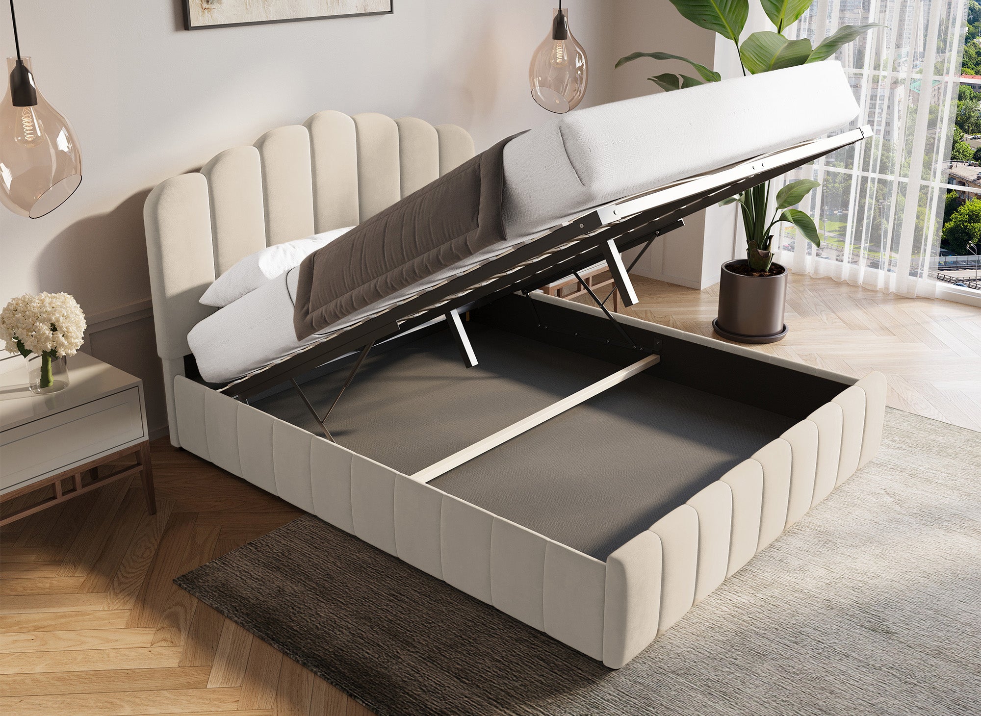 ELVIRA Bett mit Stauraum aus beigefarbenem Samt 160x200 cm