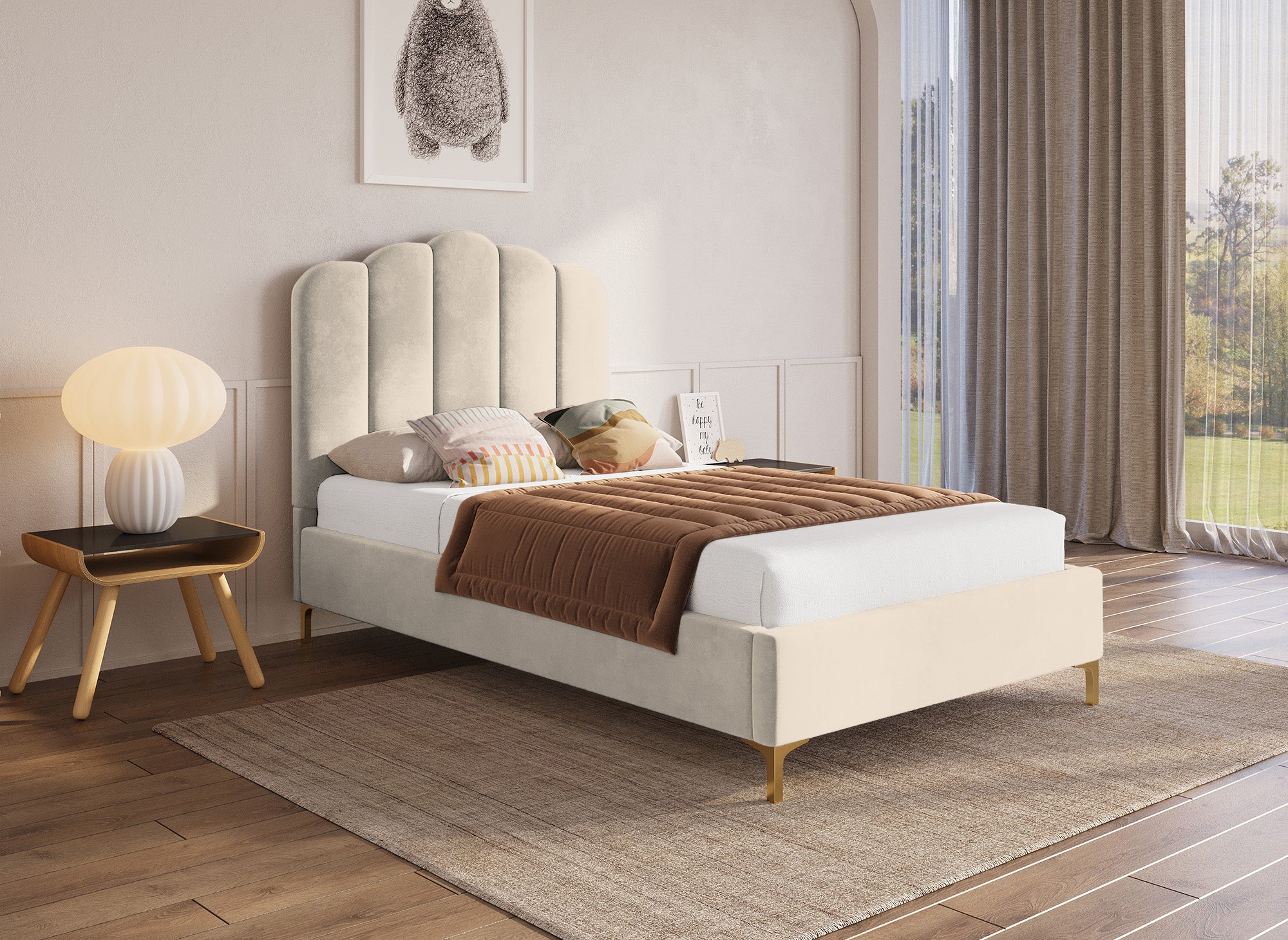 Einzelbett aus beigem Samt 90x190 cm MARION
