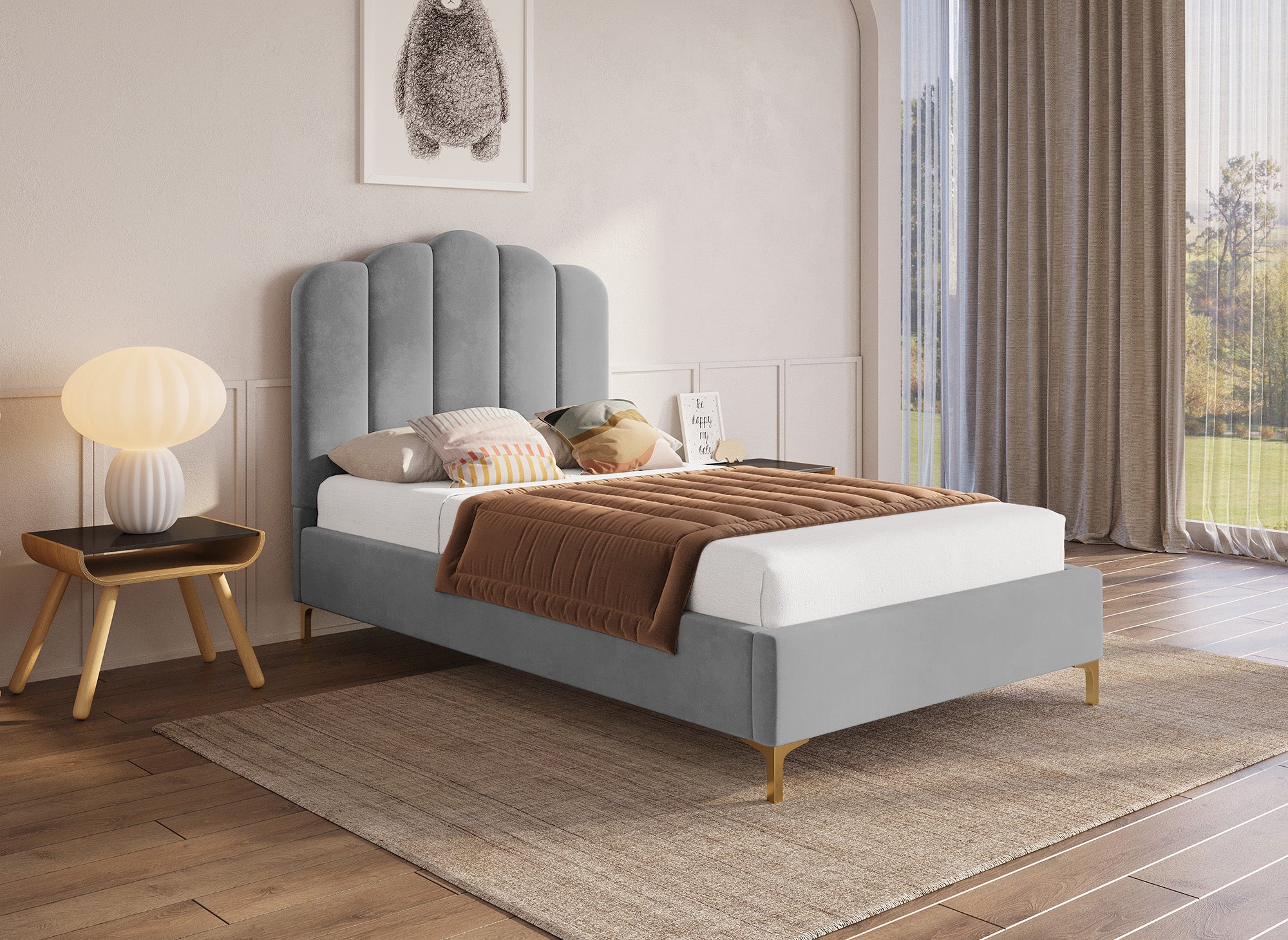 Einzelbett aus grauem Samt 90x190 cm MARION