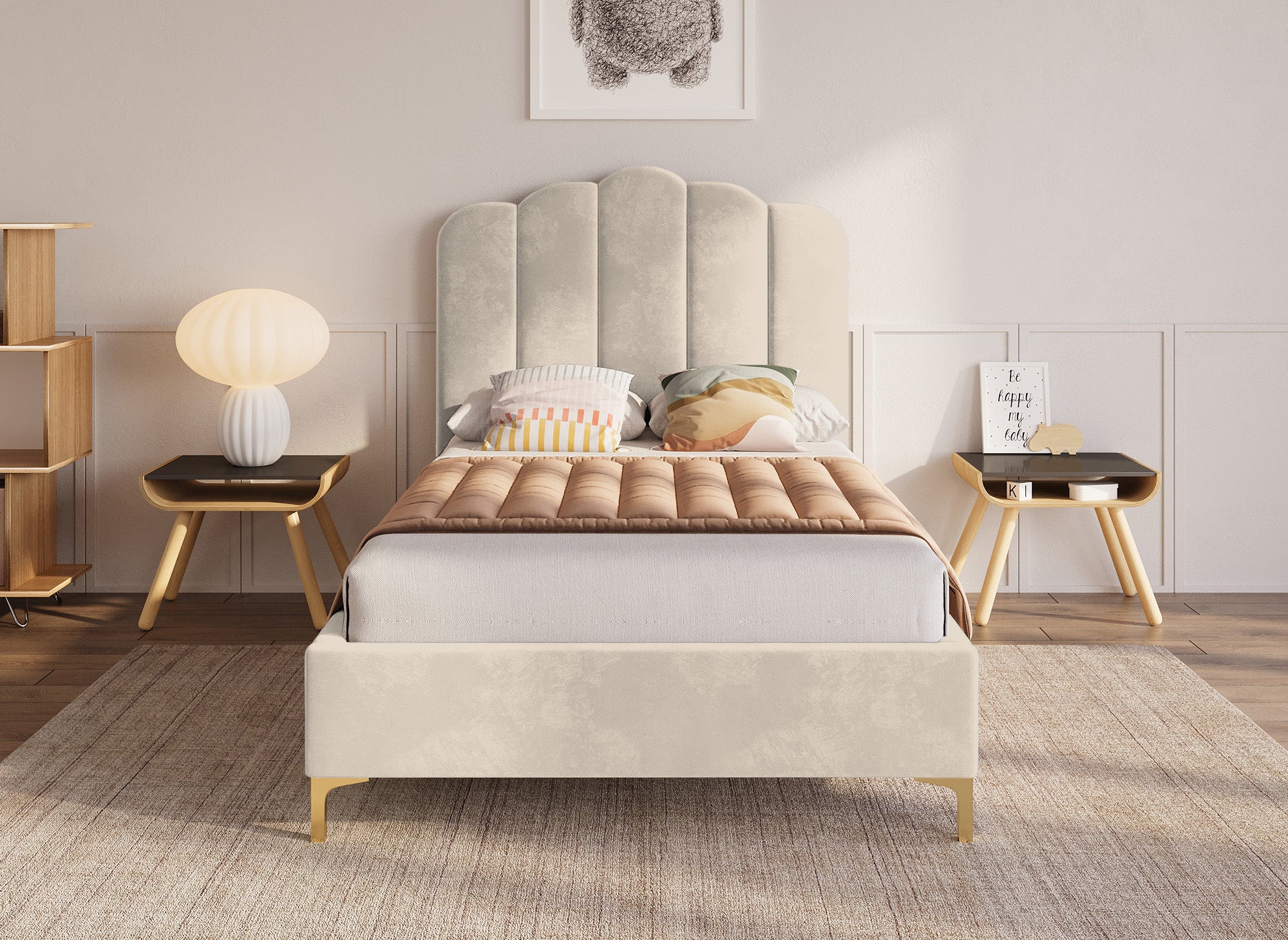 Einzelbett aus beigem Samt 90x190 cm MARION