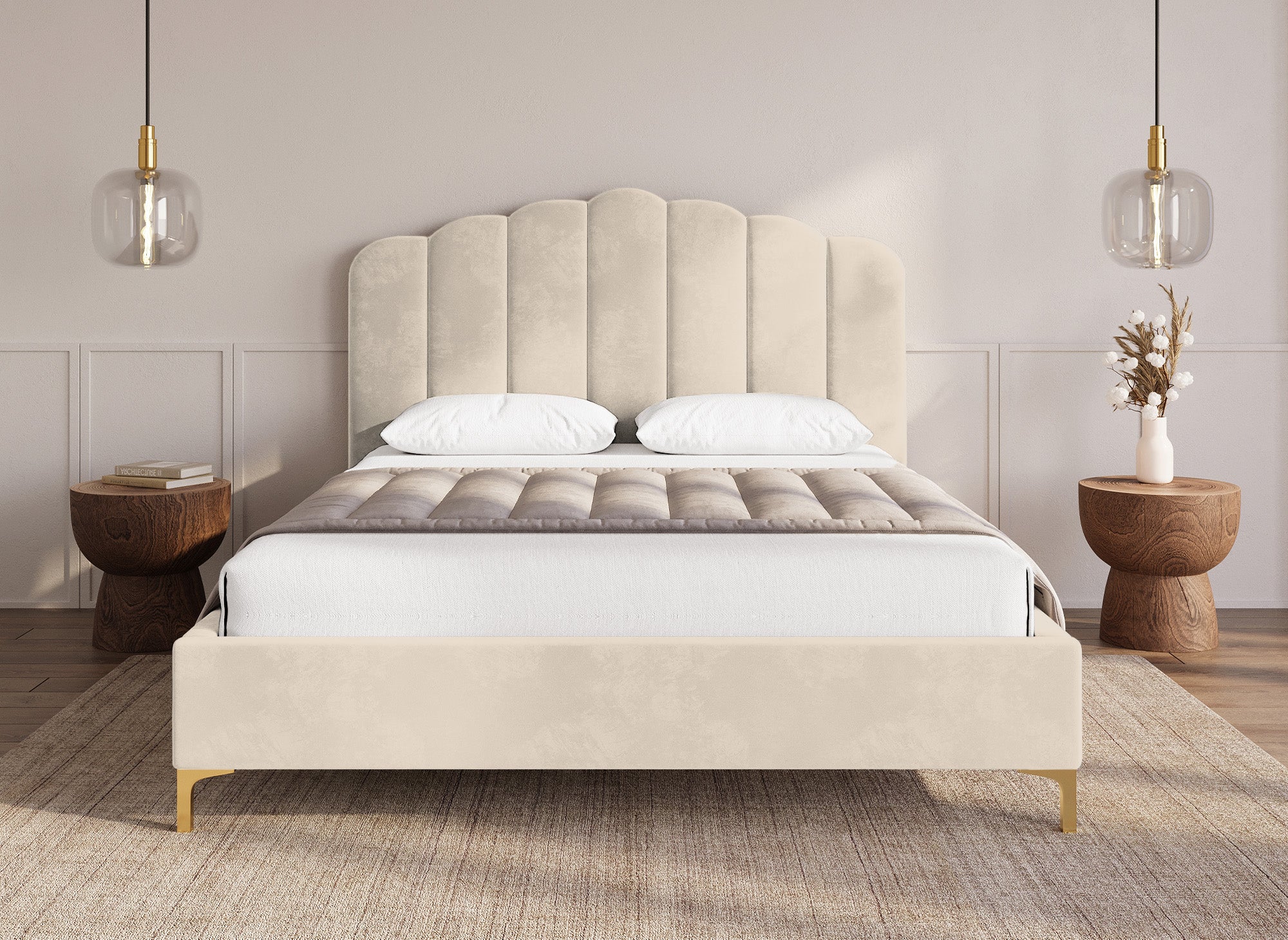 Doppelbett aus beigem Samt 160x200 cm MARION