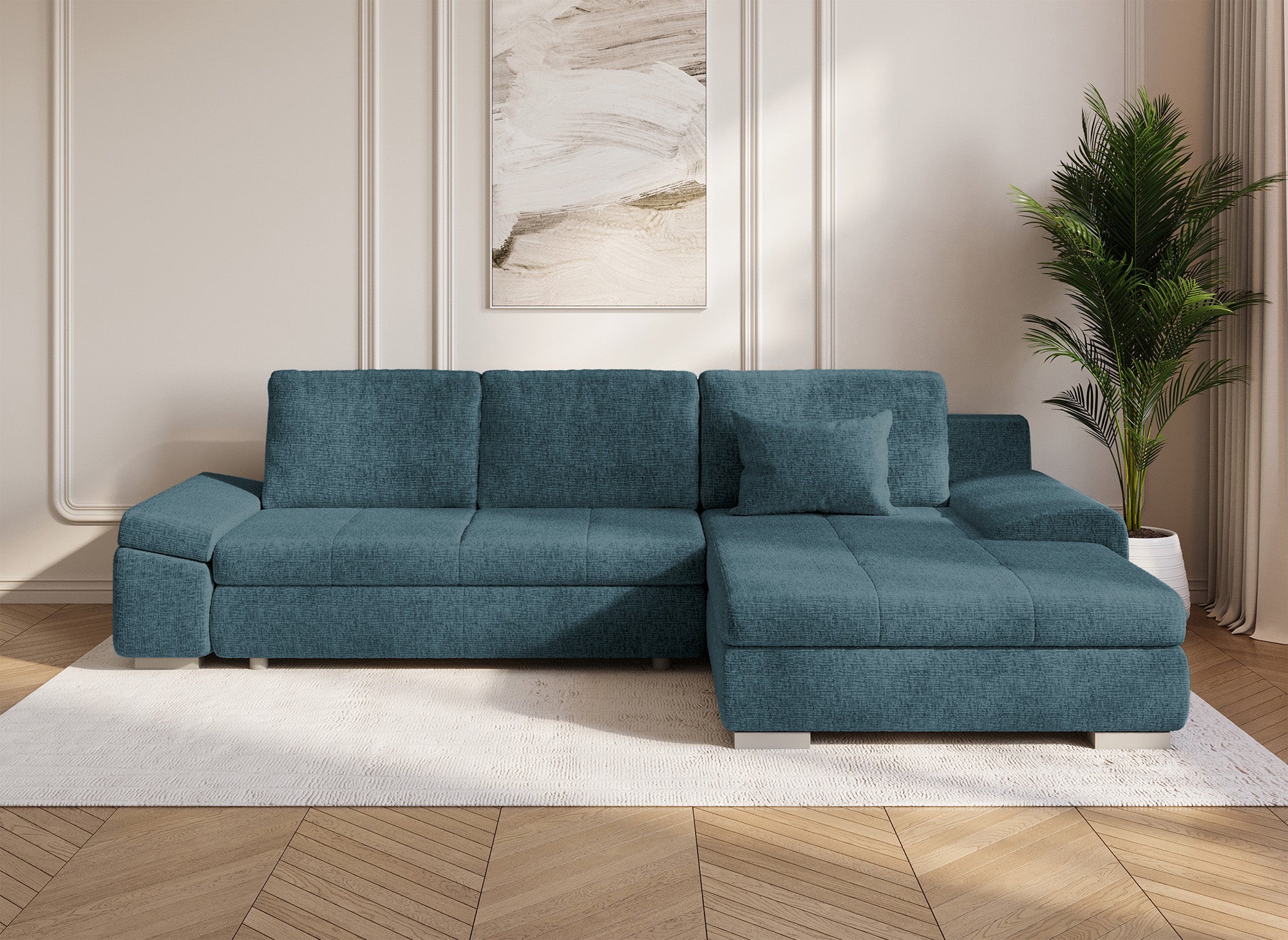 SOLEA Wende-Ecksofa mit Stauraum aus petrolblau meliertem Samt