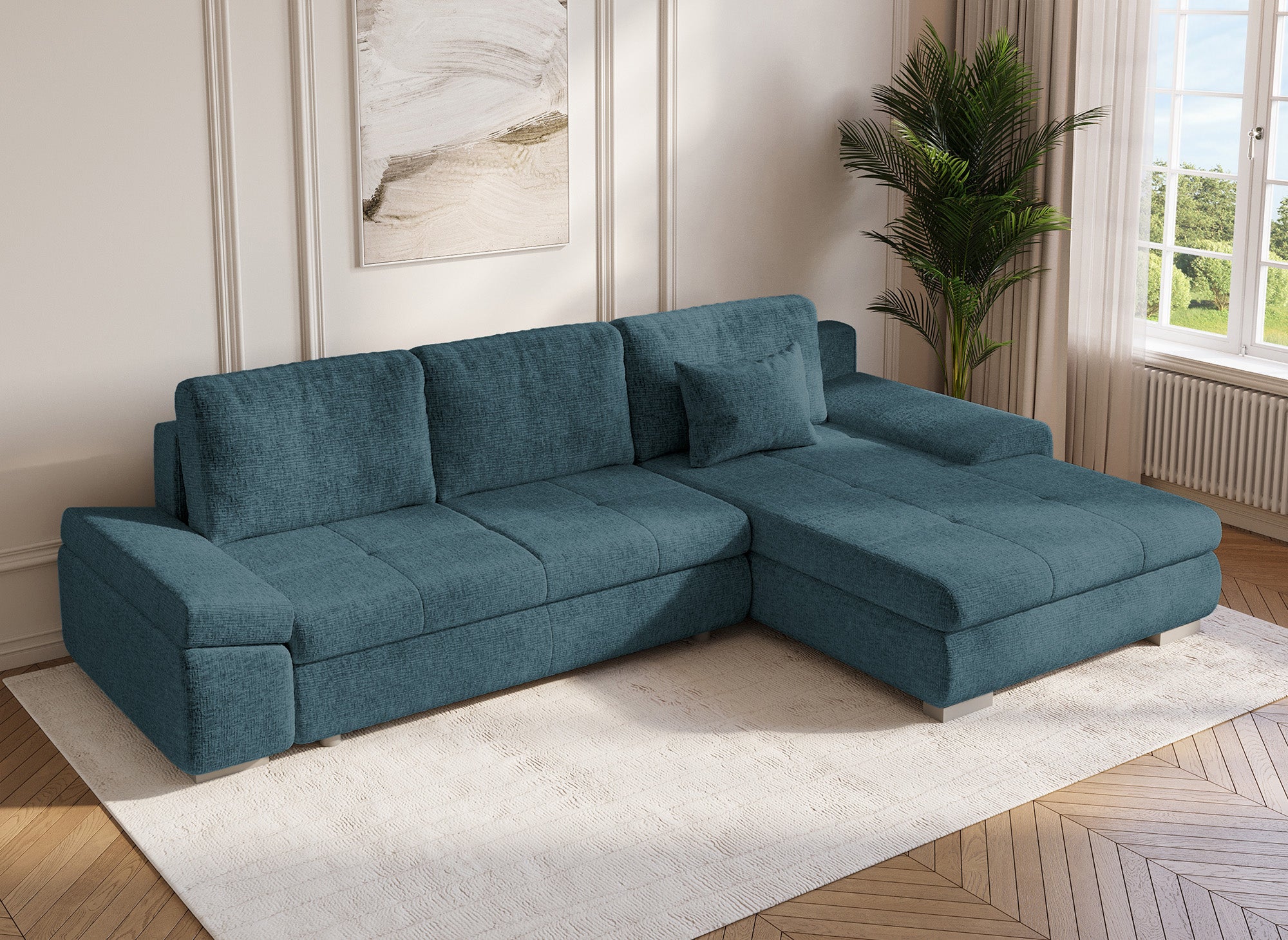 SOLEA Wende-Ecksofa mit Stauraum aus petrolblau meliertem Samt