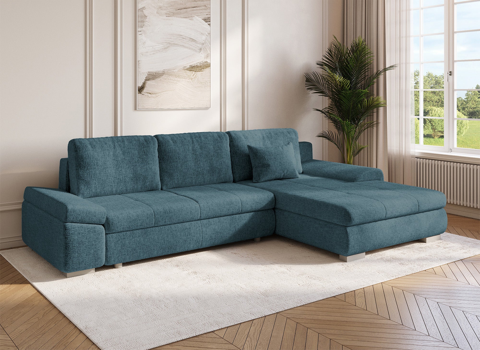 SOLEA Wende-Ecksofa mit Stauraum aus petrolblau meliertem Samt