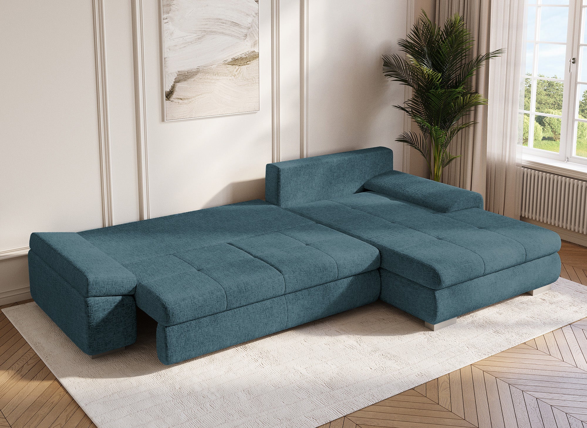 SOLEA Wende-Ecksofa mit Stauraum aus petrolblau meliertem Samt