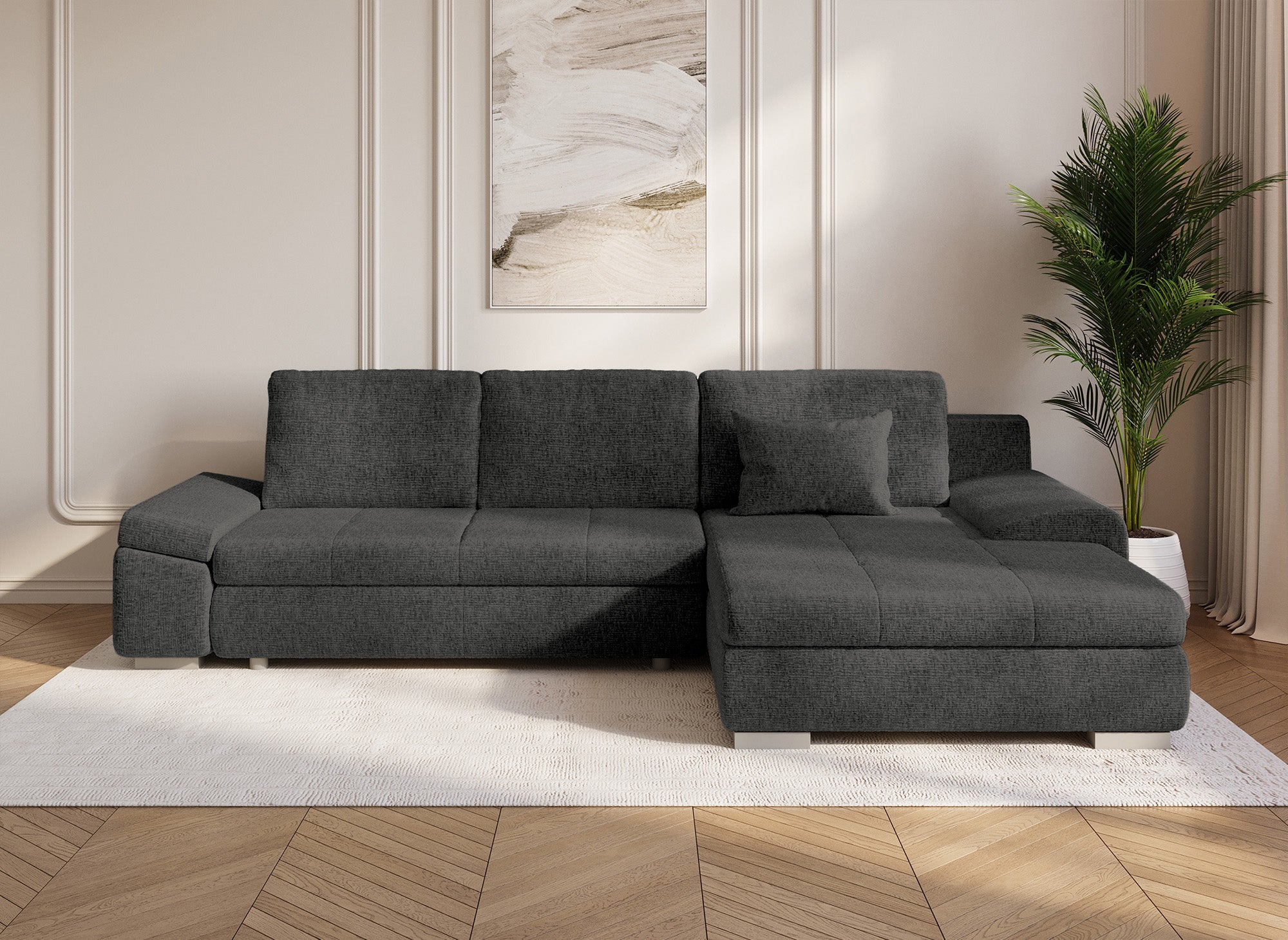 SOLEA Wende-Ecksofa mit Stauraum aus grau meliertem Samt