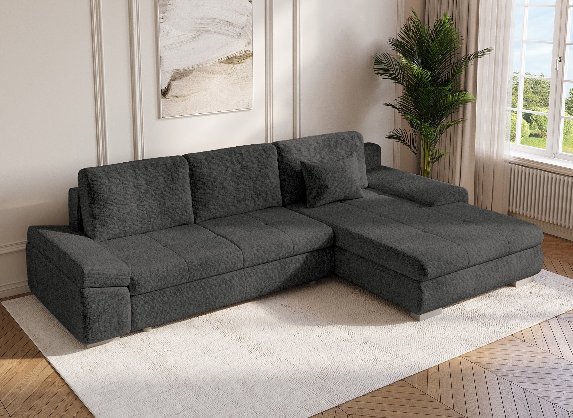 SOLEA Wende-Ecksofa mit Stauraum aus grau meliertem Samt