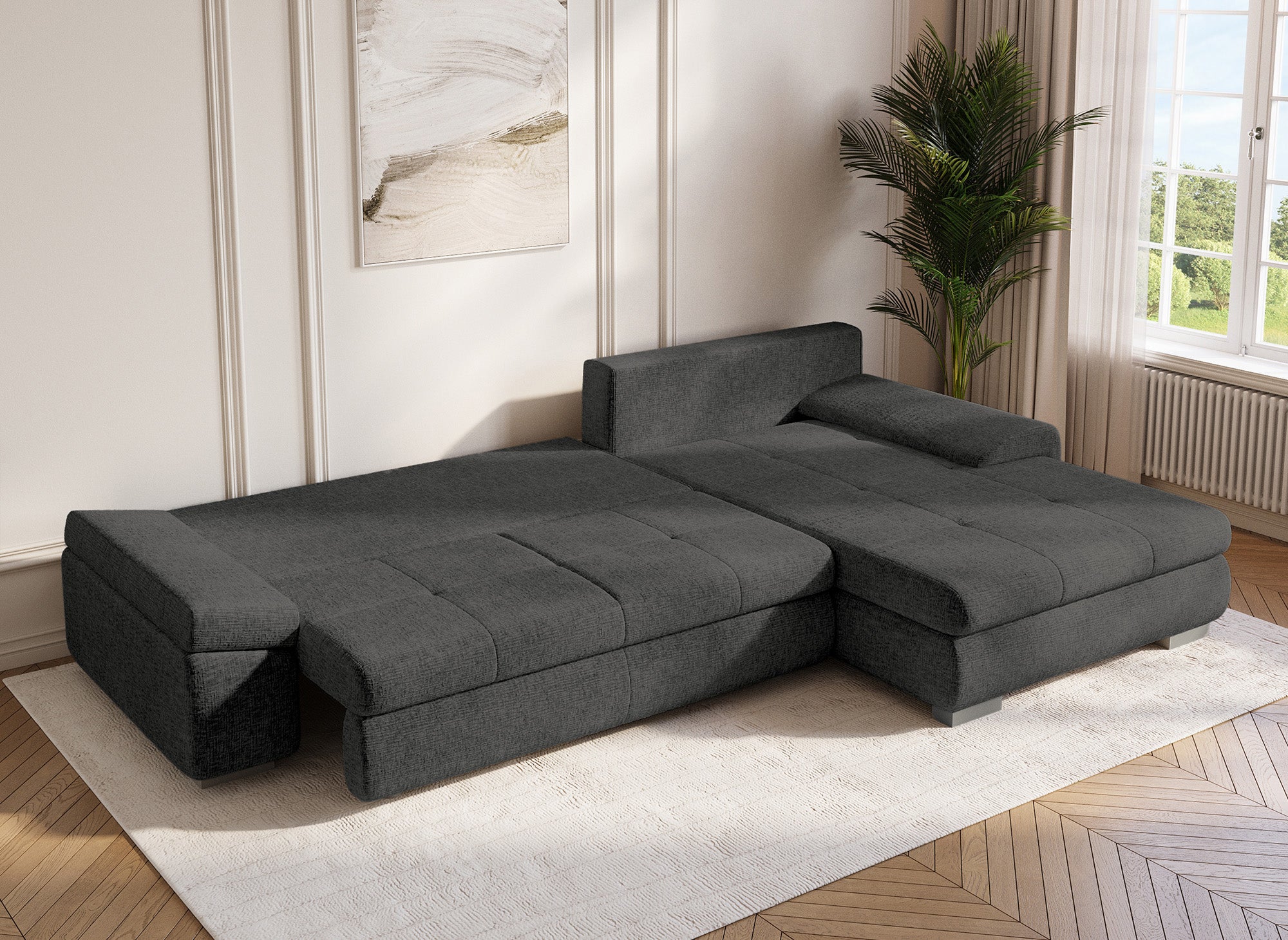SOLEA Wende-Ecksofa mit Stauraum aus grau meliertem Samt