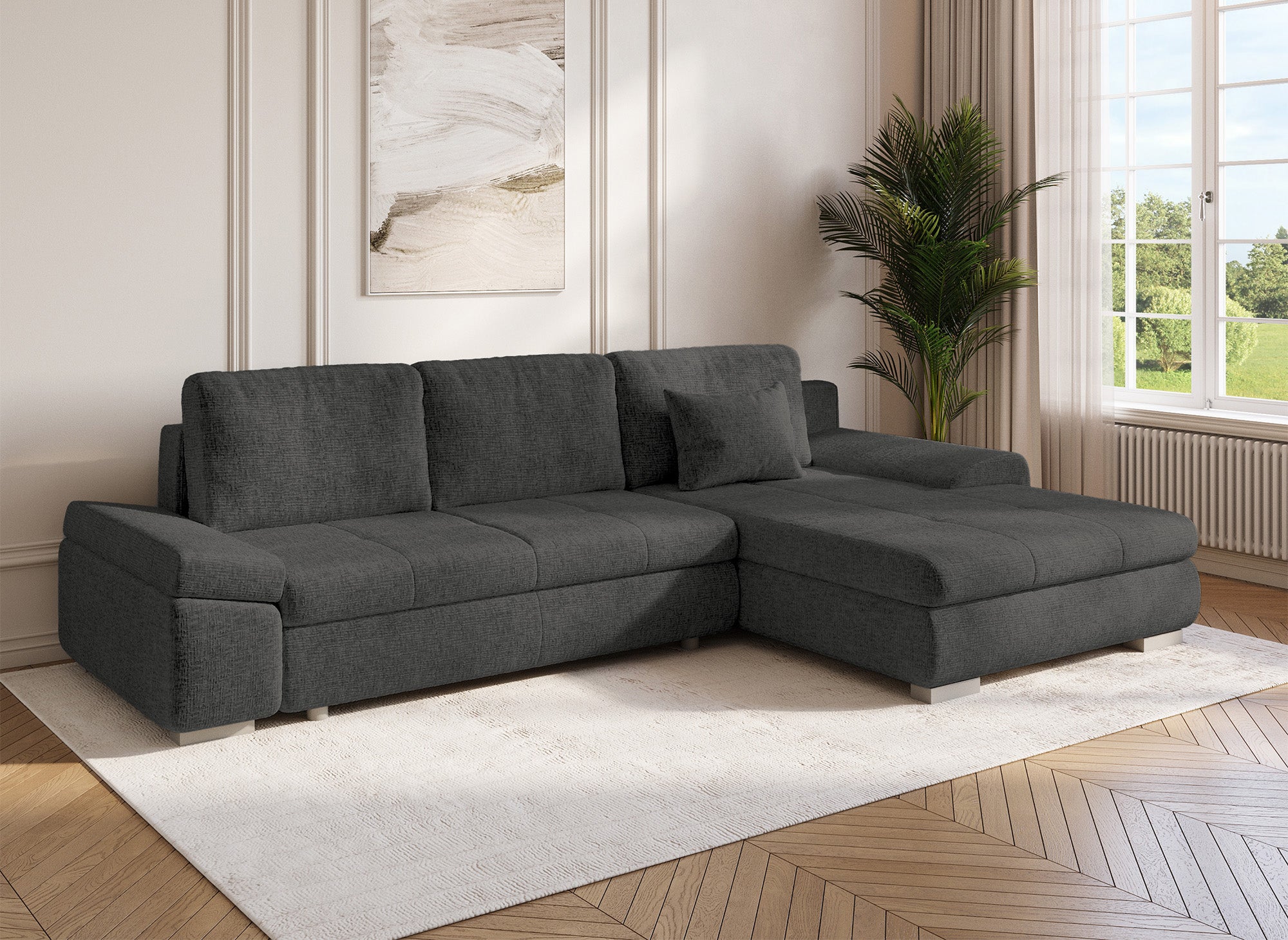 SOLEA Wende-Ecksofa mit Stauraum aus grau meliertem Samt