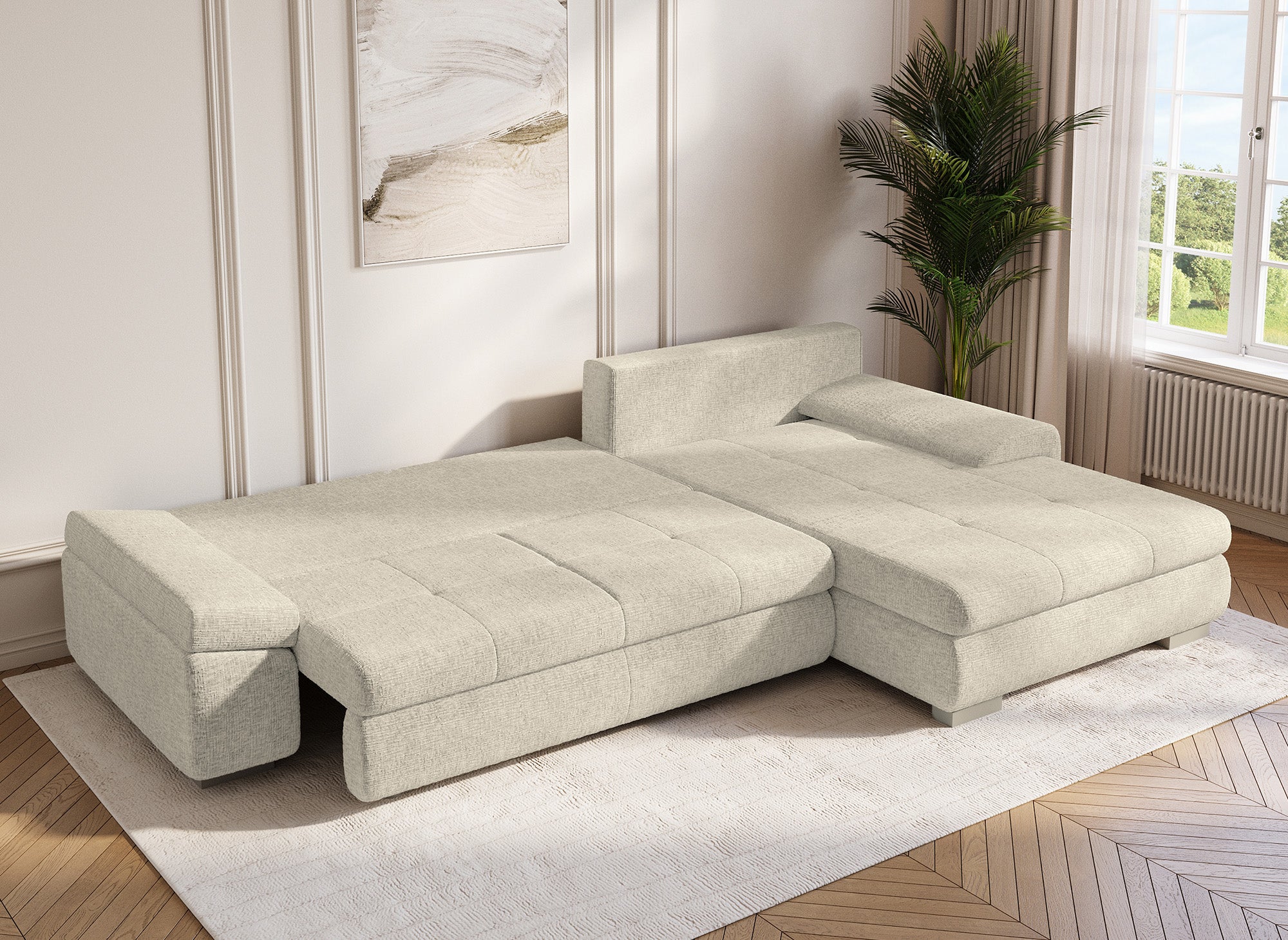 SOLEA Wende-Ecksofa mit Stauraum aus beige meliertem Samt