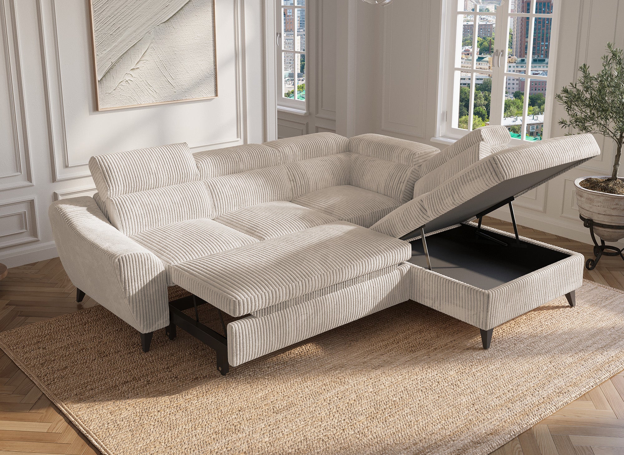 DALTON Ecksofa aus dickem Cord, beige, mit Stauraum, rechtwinklig