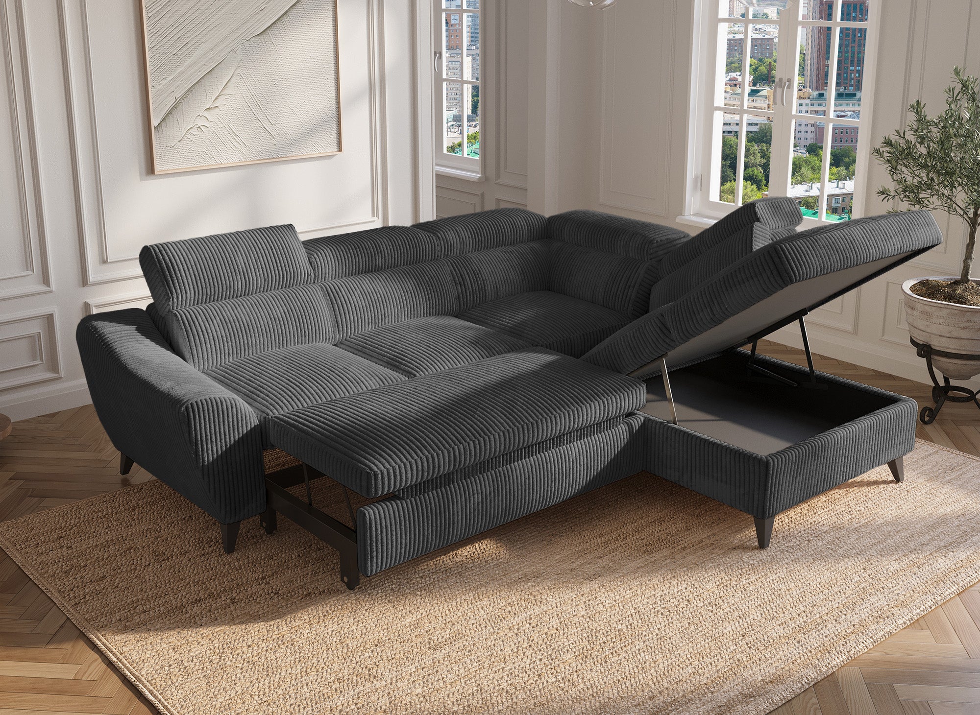 DALTON Ecksofa aus dickem Cord, grau, mit Stauraum, rechtwinklig
