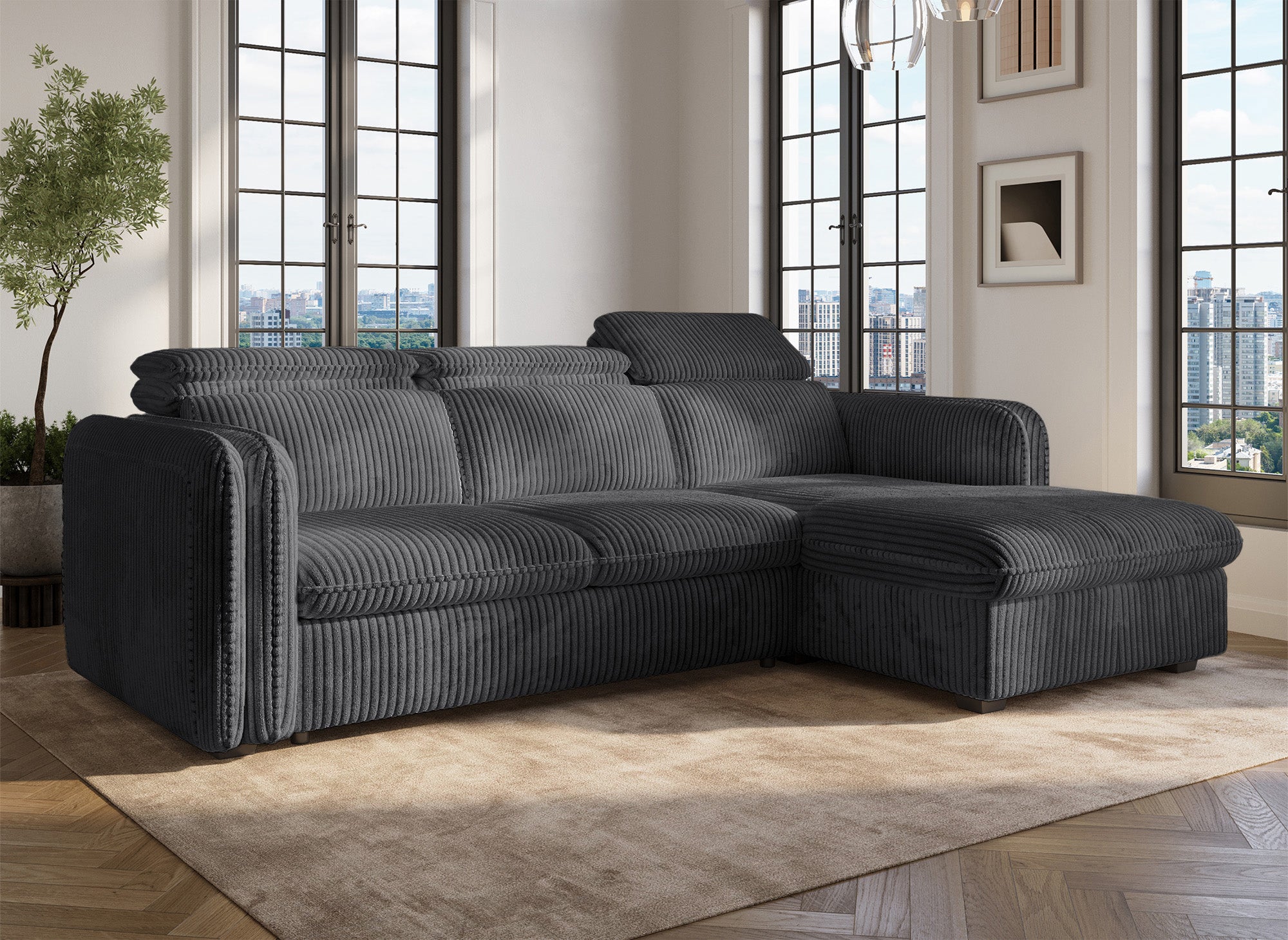 ISABELLA Ecksofa aus dickem grauem Cord – rechtwinklig