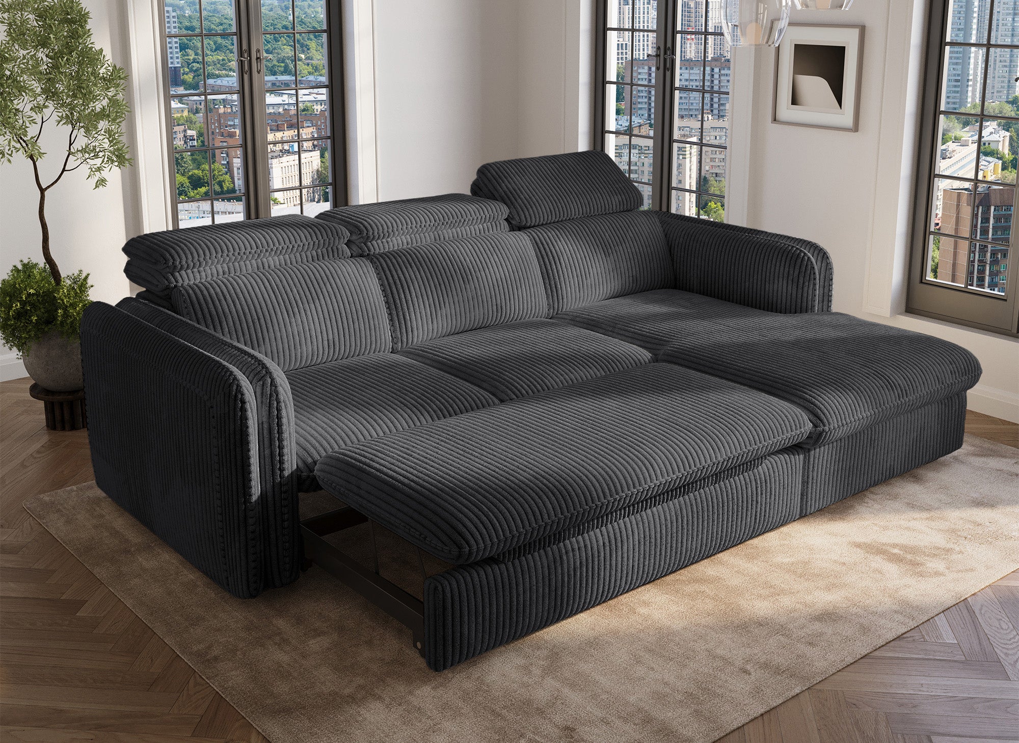ISABELLA Ecksofa aus dickem grauem Cord – rechtwinklig