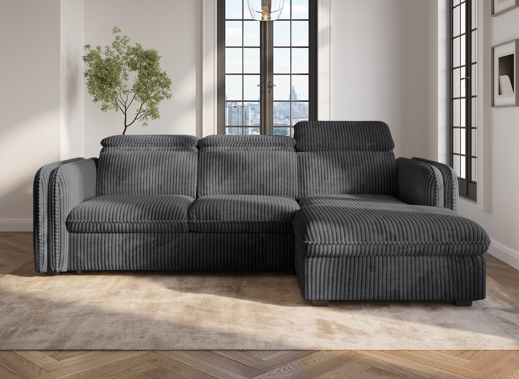 ISABELLA Ecksofa aus dickem grauem Cord – rechtwinklig