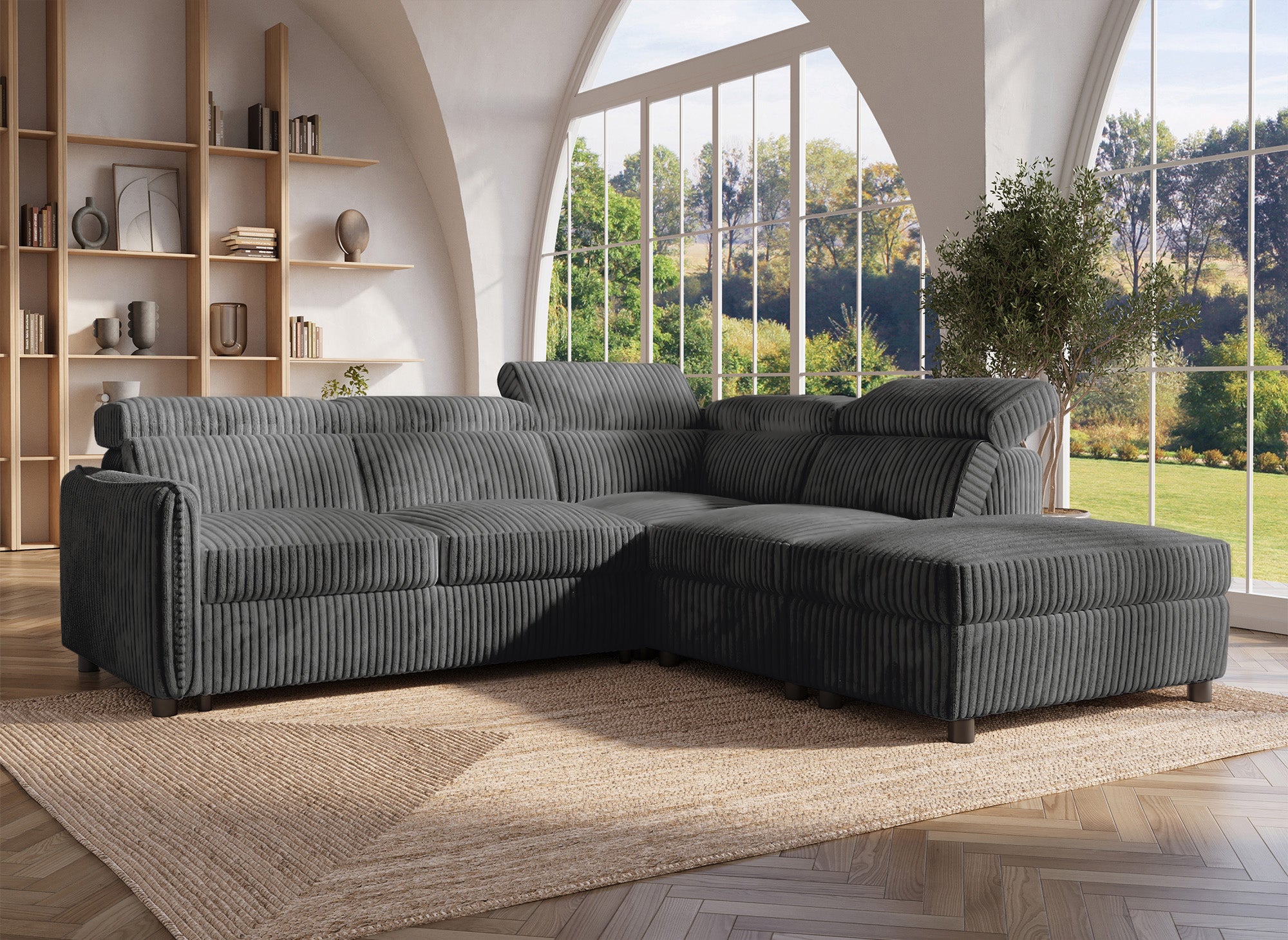 NAIROBI Ecksofa, dicker Cord, grau, rechtwinklig