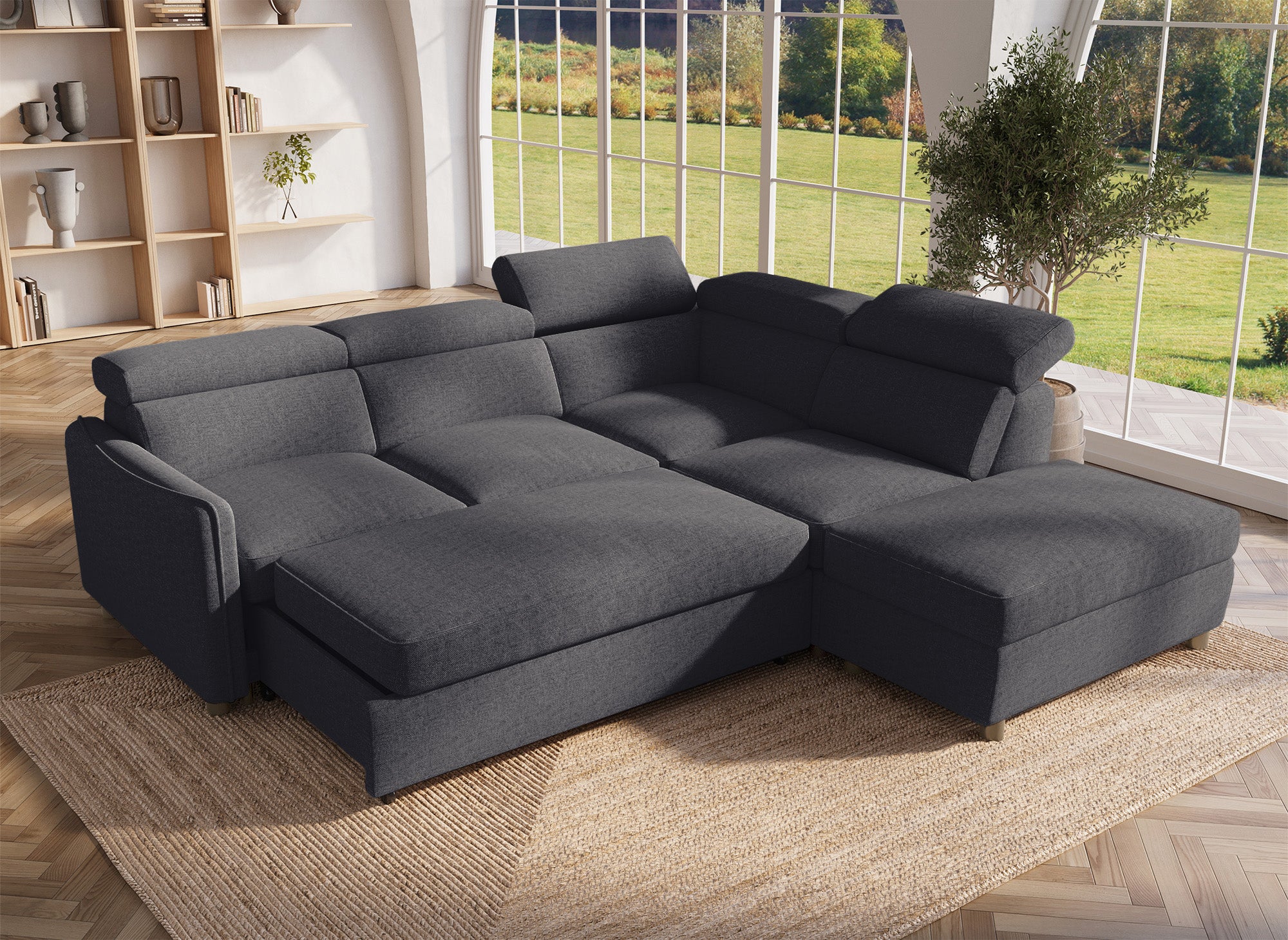 NAIROBI Ecksofa aus grauem Stoff – rechtwinklig